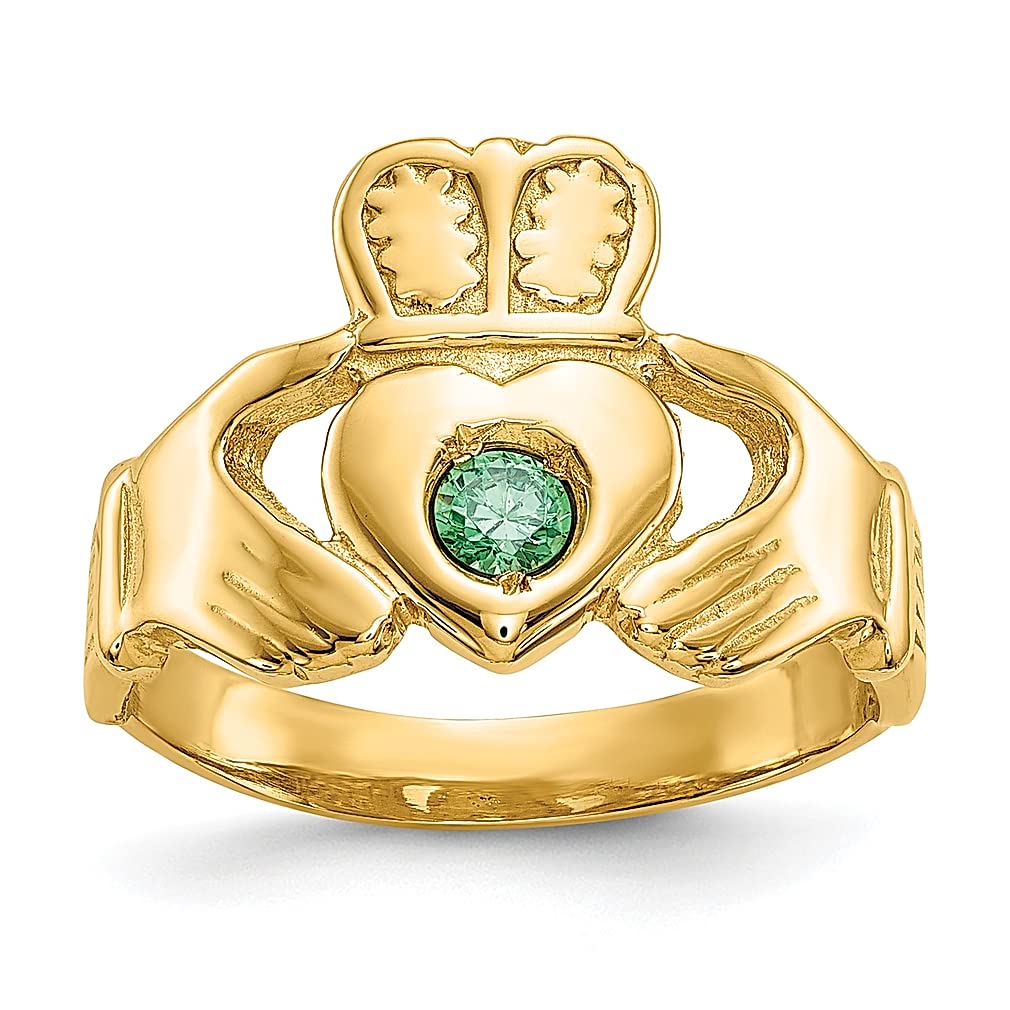 14K Yellow Gold Irish Claddagh Celtic Knot Ring with Green Stone & CZ - Size 7.00 - Elegant Women's Jewelry Gift for Her - Perfect for St. Patrick's Day, Irish Weddings & Anniversary Celebrations