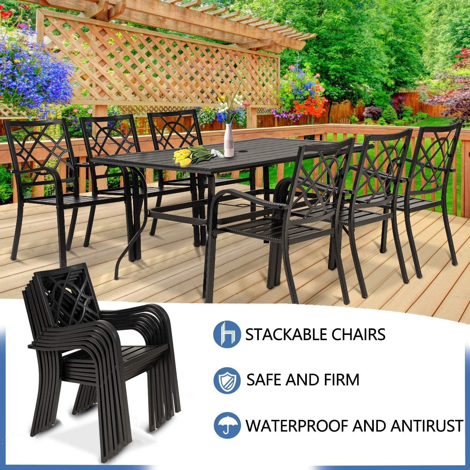 Oakcloud 7-Piece Outdoor Dining Set with Dark Blue Umbrella - Metal Patio Furniture with 6 Stackable Chairs & Rectangle Table (Umbrella Hole Included) - Perfect for Backyard BBQs, Poolside Gatherings & Garden Entertaining