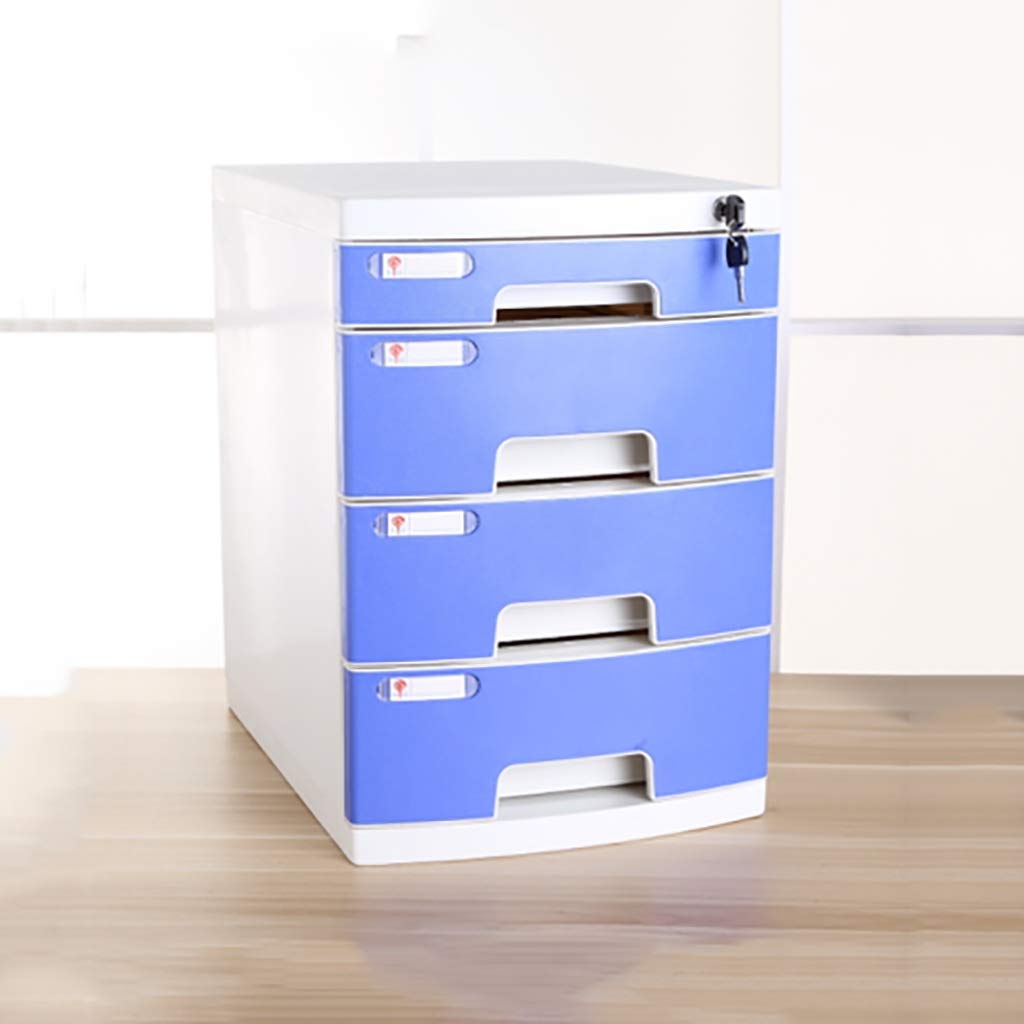 4-Drawer Plastic File Cabinet with Lock - High Capacity A4 Document Storage Box for Office, Home & School - Blue Desktop Organizer for Files, Folders & Office Supplies