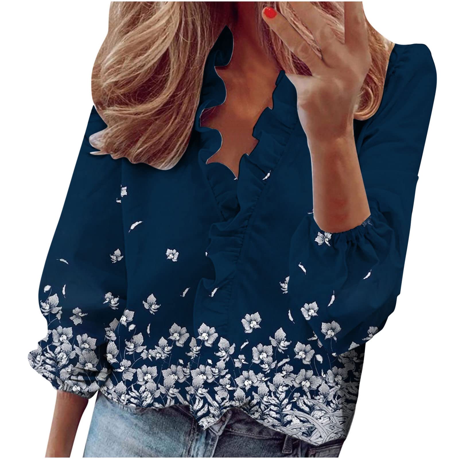 Women's Ruffle Blouse - Elegant Baggy Long Sleeve Shirt with V-Neck & Floral Print | Trendy Casual Loose Fit Top for Work, Date Night & Spring Outfits