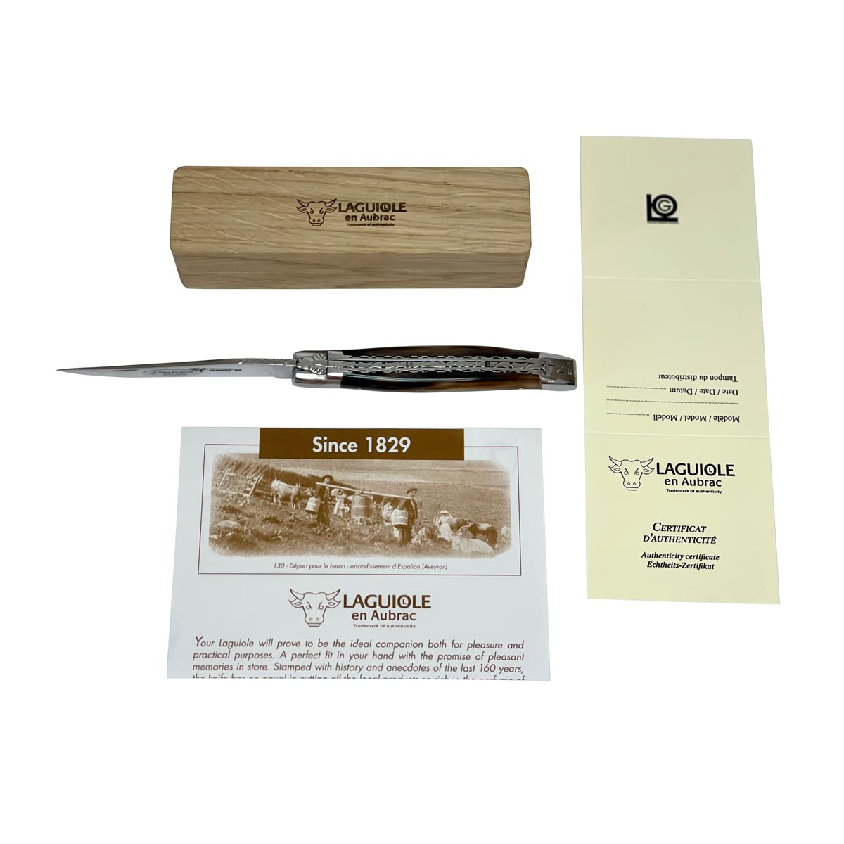 Laguiole en Aubrac Luxury Handmade Double Plates Folding Pocket Knife - 4.8 Inch (12cm) Solid Horn Handle - Hand Forged Stainless Steel Blade with Shiny Bolsters - Perfect for Camping, Hiking & Everyday Carry (EDC)