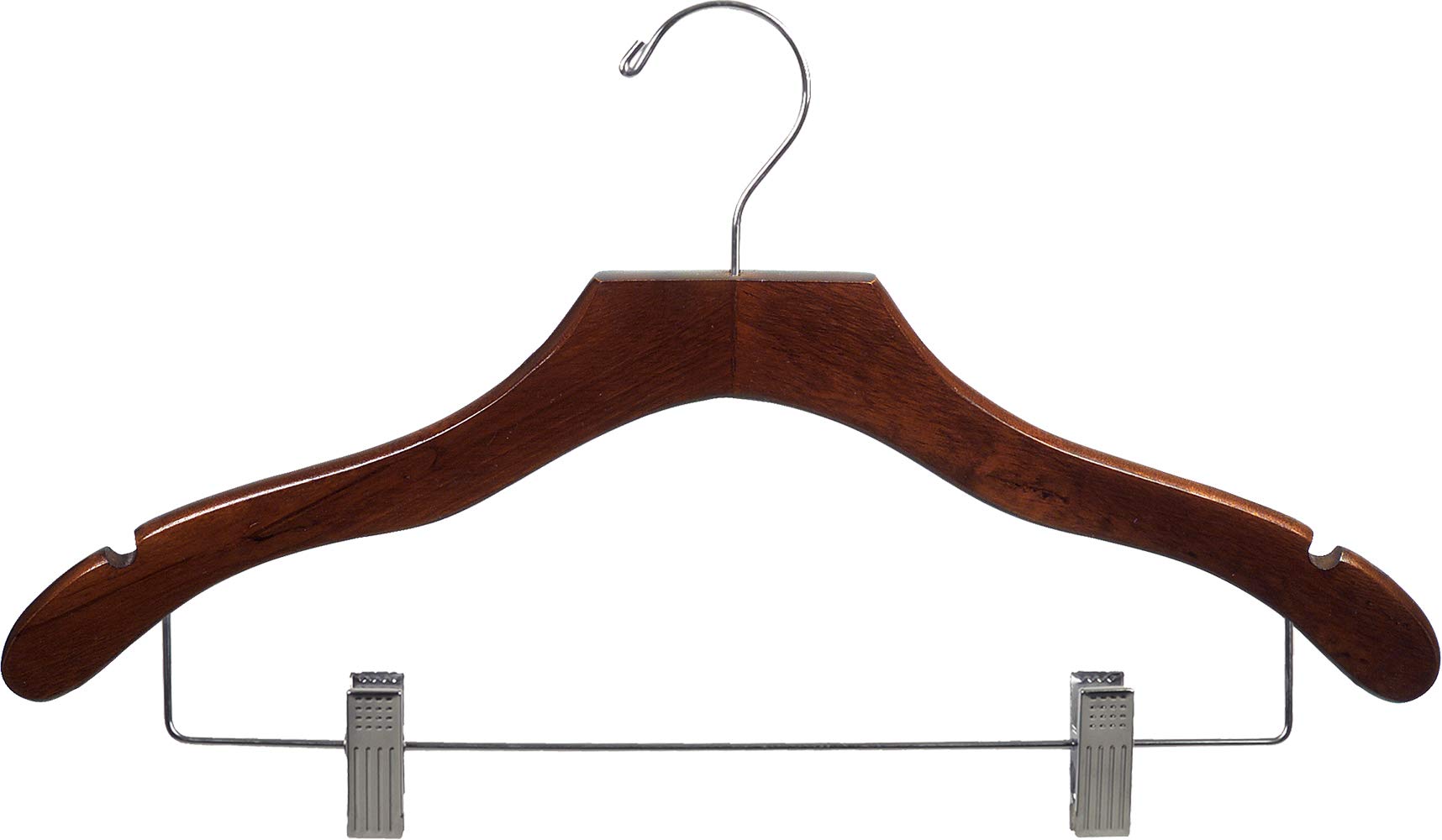 50 Pack Adjustable Cushion Clip Wooden Hangers - 17 Inch Space Saving Wavy Design with Walnut Finish & Chrome Hooks - Perfect for Shirts, Jackets, Dresses & Closet Organization - Great for Home, Retail Stores & Boutique Display by The Great American Hanger Company