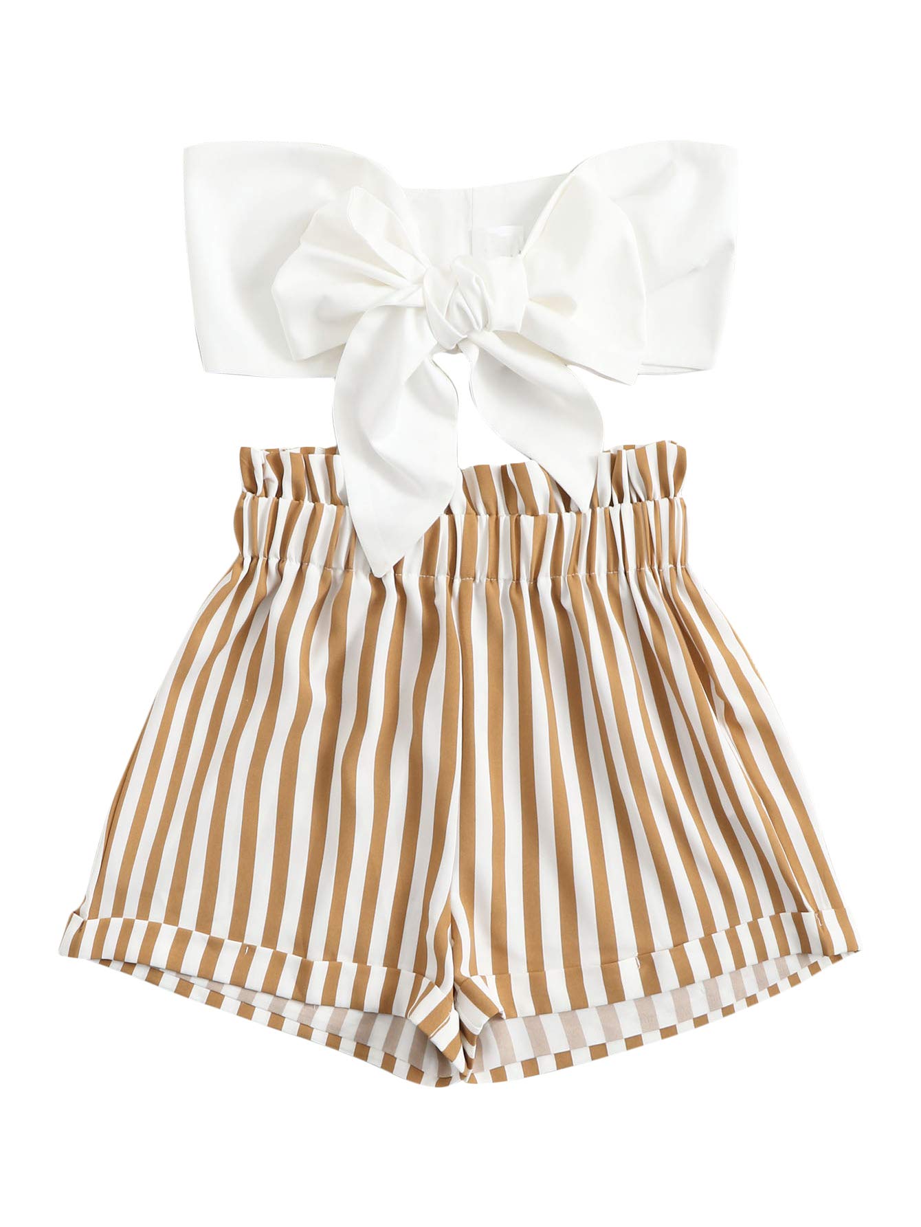 SOLY HUX Women's 2 Piece Summer Outfit - Tie Knot Front Bandeau Top with Striped Shorts Set | Casual Beachwear & Vacation Outfit for Women | Perfect for Pool Parties, Tropical Getaways and Street Style Fashion