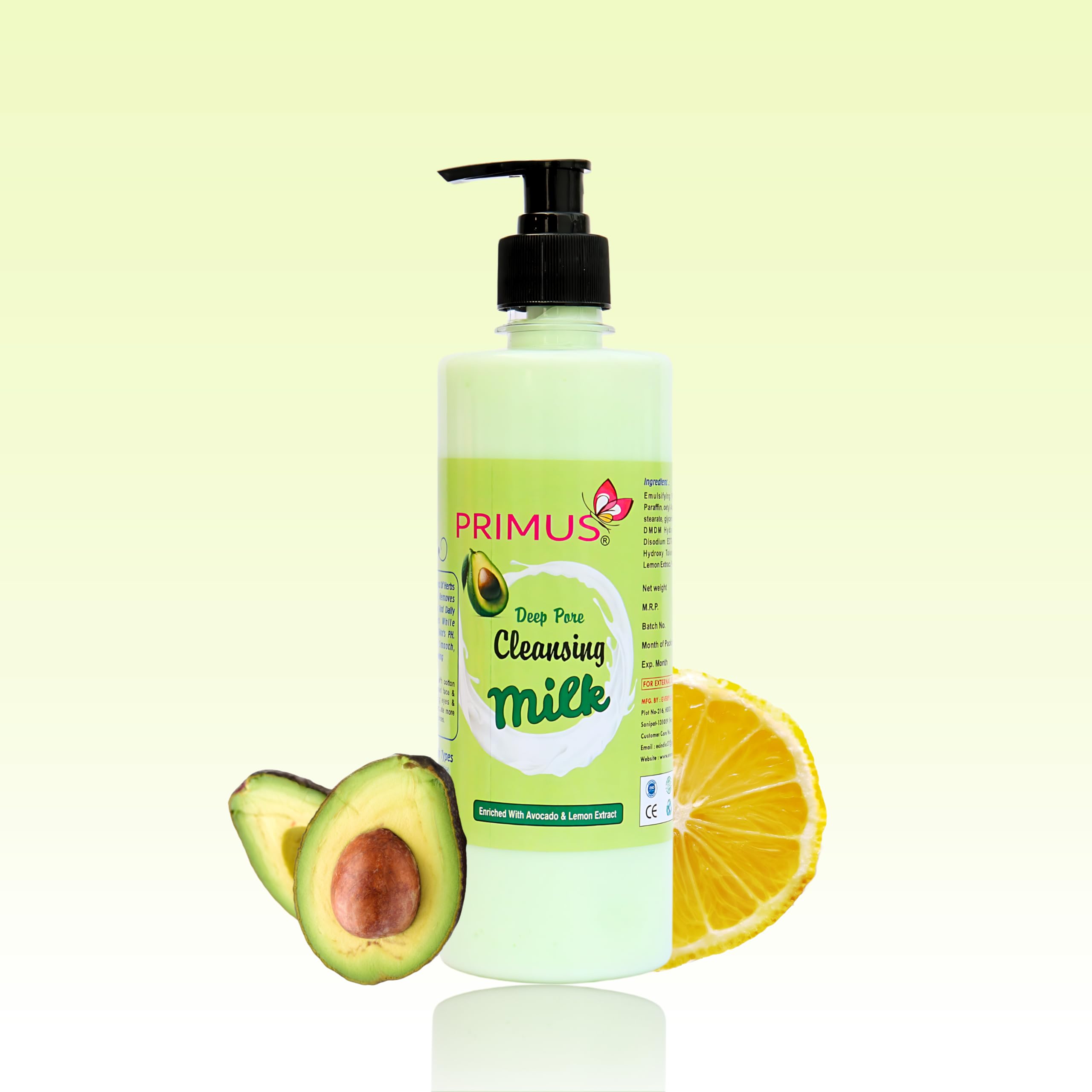Primus Avocado Cleansing Milk with Avocado & Lemon Extracts - Gentle Facial Cleanser & Makeup Remover for All Skin Types (500ml) | Deep Cleansing, Hydrating & Refreshing | Perfect for Daily Skincare Routine & Travel