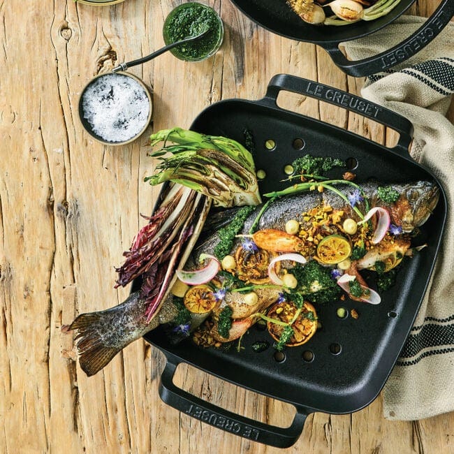 Le Creuset Alpine Outdoor Square Grill Basket 12 Inch - Premium Cast Iron Grill Pan for Camping, Picnics & Backyard BBQs - Perfect for Grilling Vegetables, Seafood & Meats