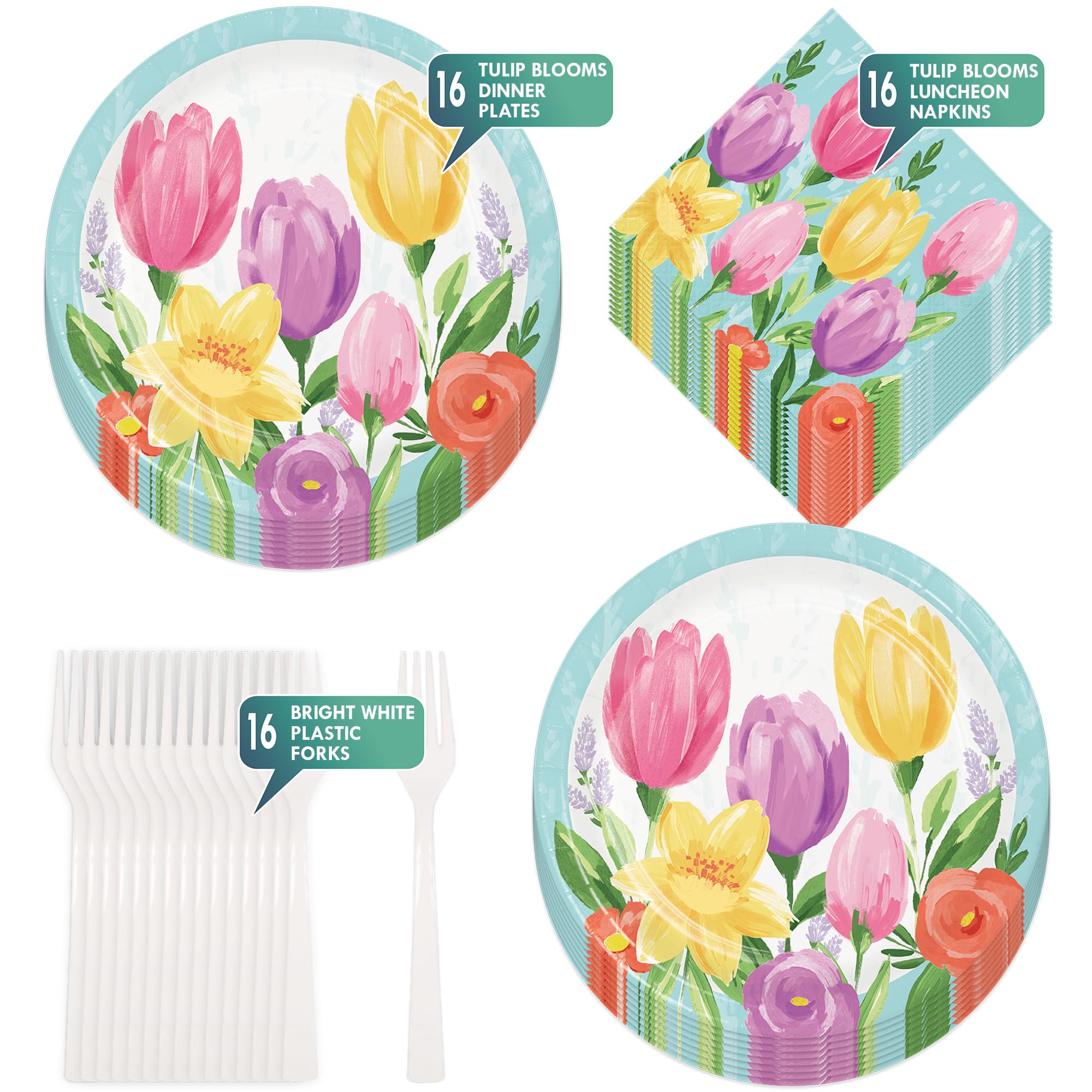 Pastel Blue Tulip Floral Paper Dinner Plates, Lunch Napkins & Forks Set - 16-Piece Spring Tableware for Easter, Baby Shower, Bridal Shower & Garden Party Decorations