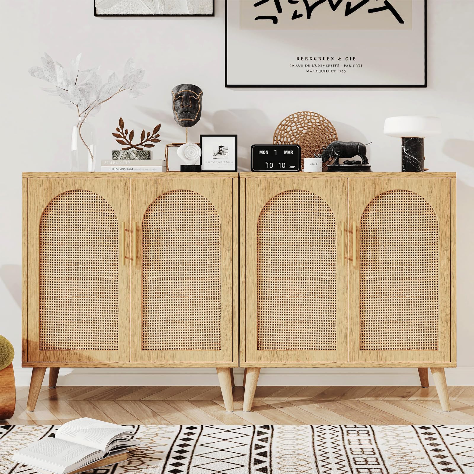Rovaurx Set of 2 Rattan Storage Cabinets with Doors - Modern Accent Bathroom & Living Room Floor Cabinet, Sideboard Buffet for Entryway, Dining Room & Kitchen - Natural BMGZ108M02 | Perfect for Home Organization & Stylish Decor