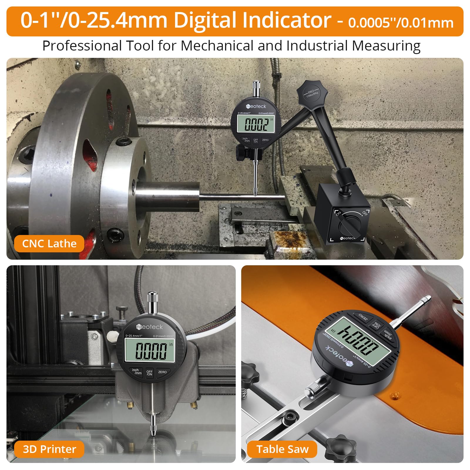 Neoteck Digital Dial Indicator Gauge 0-1 Inch/25.4mm - Precision Measuring Tool with Inch/Metric Conversion & Auto-Off Feature | Perfect for 3D Printer Bed Leveling, Machining, Woodworking, and Metalworking Projects