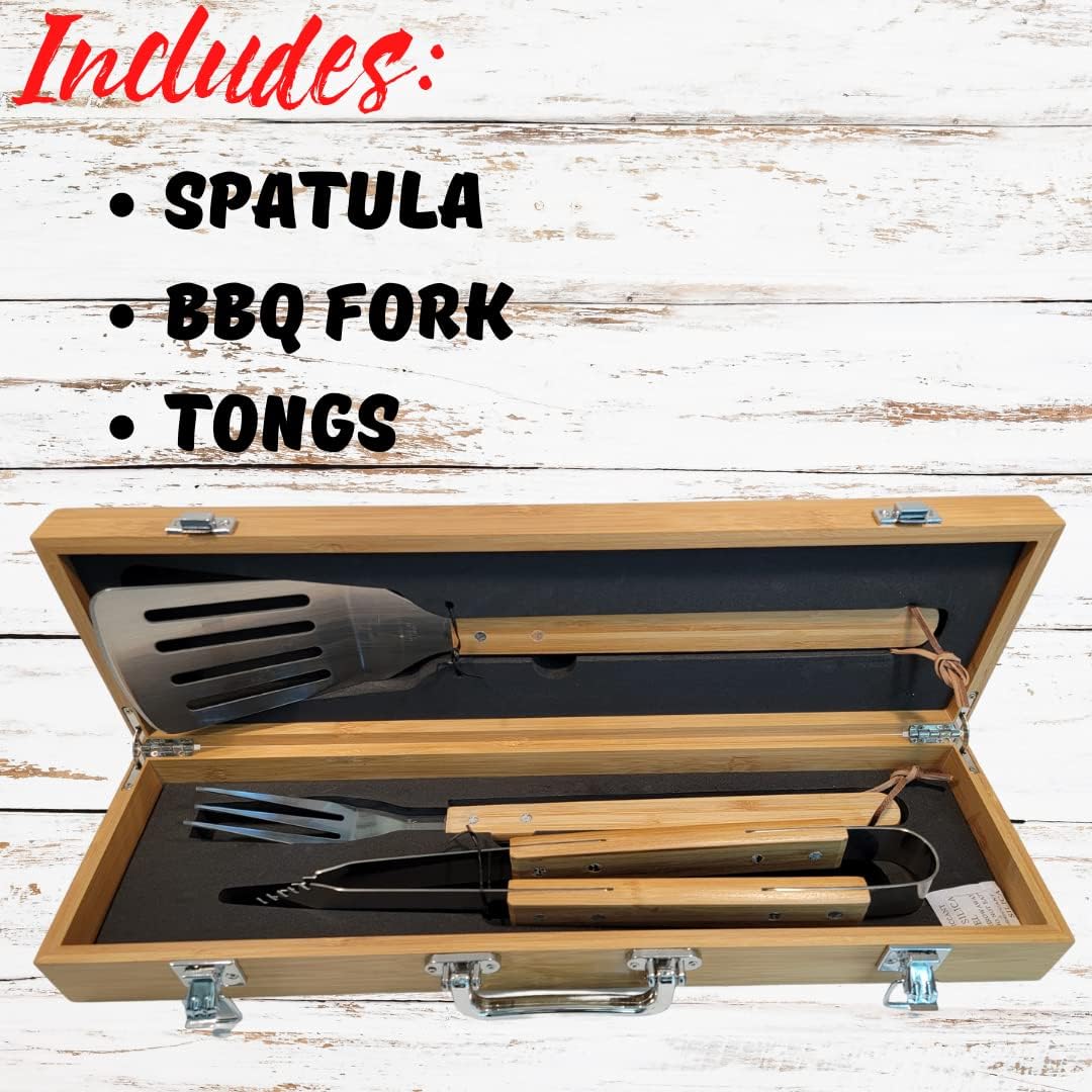 Custom BBQ Grill Set - Personalized Stainless Steel BBQ Tools (3-Piece) for Outdoor Grilling, Backyard Cookouts & Camping