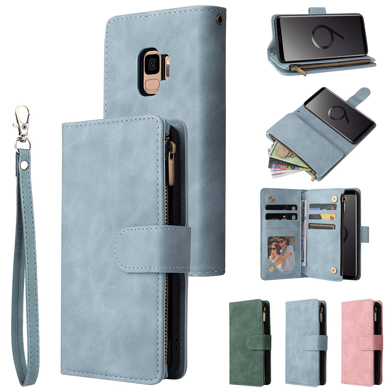 Premium PU Leather Wallet Case for Samsung Galaxy S9 - Magnetic Closure, Card Slots & Kickstand | Women's Handbag Style with Zipper Pocket & Hand Strap (Pink) - Perfect for Daily Use, Travel & Shopping