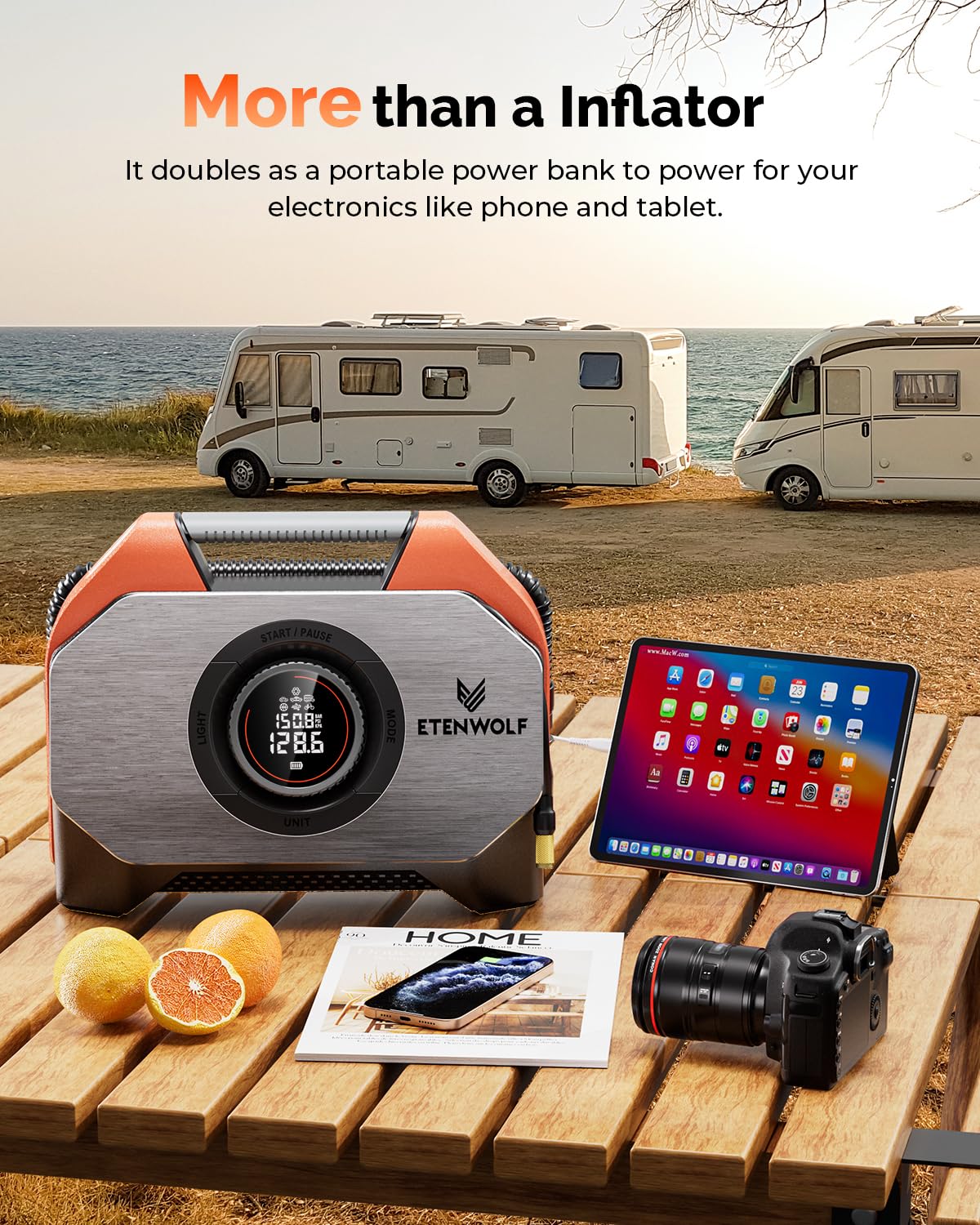 ETENWOLF VORTEX S6 Heavy-Duty Cordless Tire Inflator - 19200mAh Portable Air Compressor for Cars, Trucks, SUVs & Inflatables | 100% Duty Cycle Dual Cylinder Bike Pump | Fast Inflation for Emergency Roadside & Camping Use (Vivid Orange)