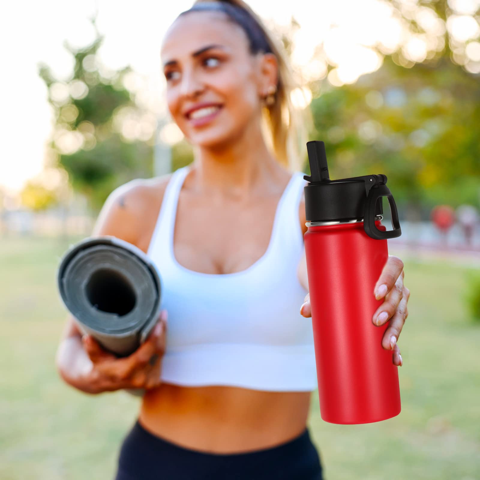 Volhoply 18oz Insulated Stainless Steel Water Bottle with Straw Lid - Wide Mouth Thermos Flask for Hot & Cold Drinks - Vacuum Sealed Metal Sports Bottle for Travel, Gym & Outdoor Activities (Red, 1 Set)