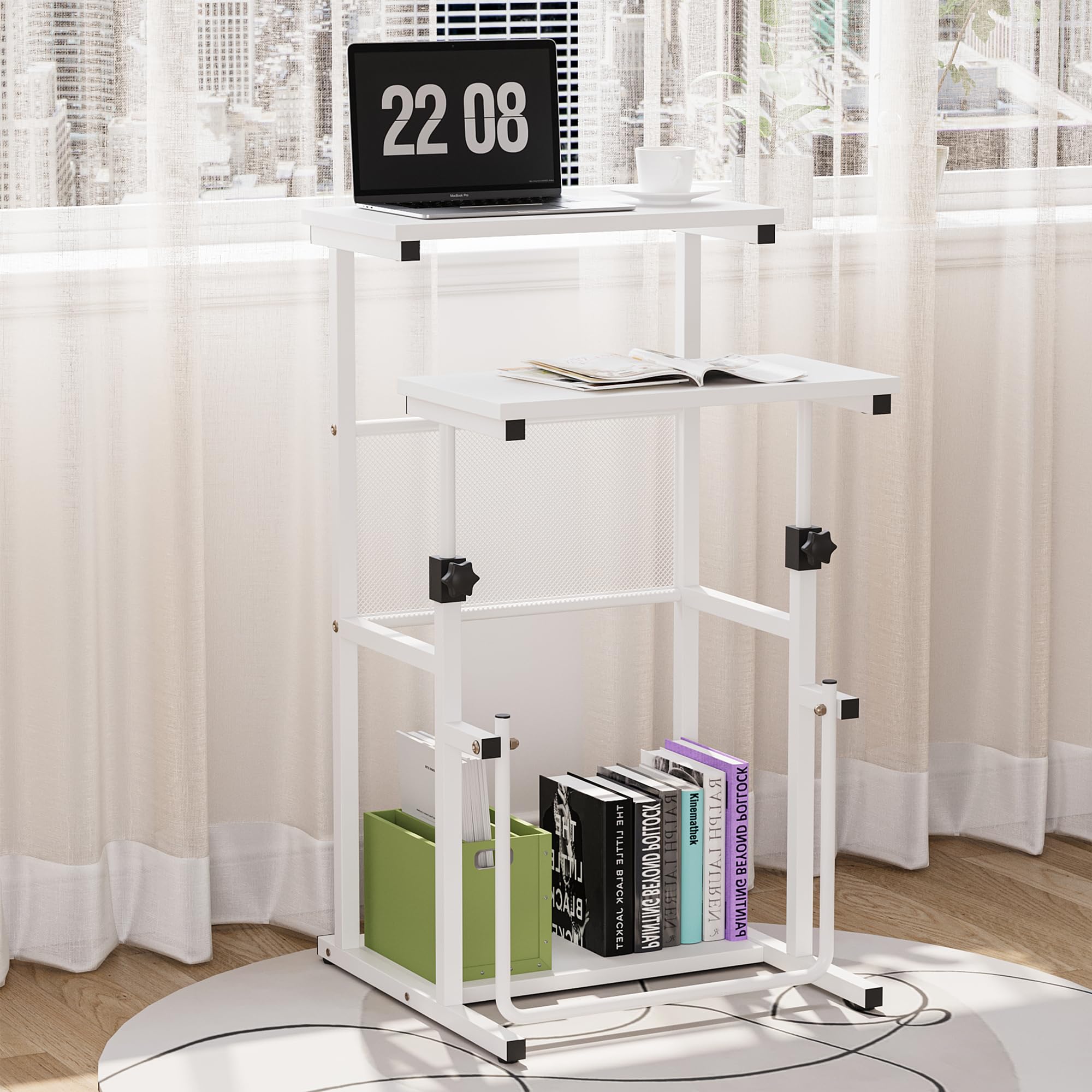 Shintenchi Adjustable Height Rolling Laptop Cart - Portable Mobile Podium Stand with Swivel Top & Edge Stopper, Brown - Ideal for Home Office, Classroom, and Conference Room Use