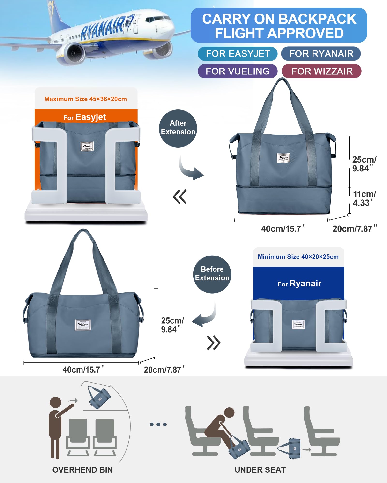 Stylish Expandable Travel Duffel Bag for Women & Men - 18x14x8 Inch Carry-On Weekender with Trolley Sleeve - Perfect for Gym, Sports, Airplane Travel & Overnight Trips (Jewel Blue) | Ideal for Business Travel, Weekend Getaways & Fitness Enthusiasts