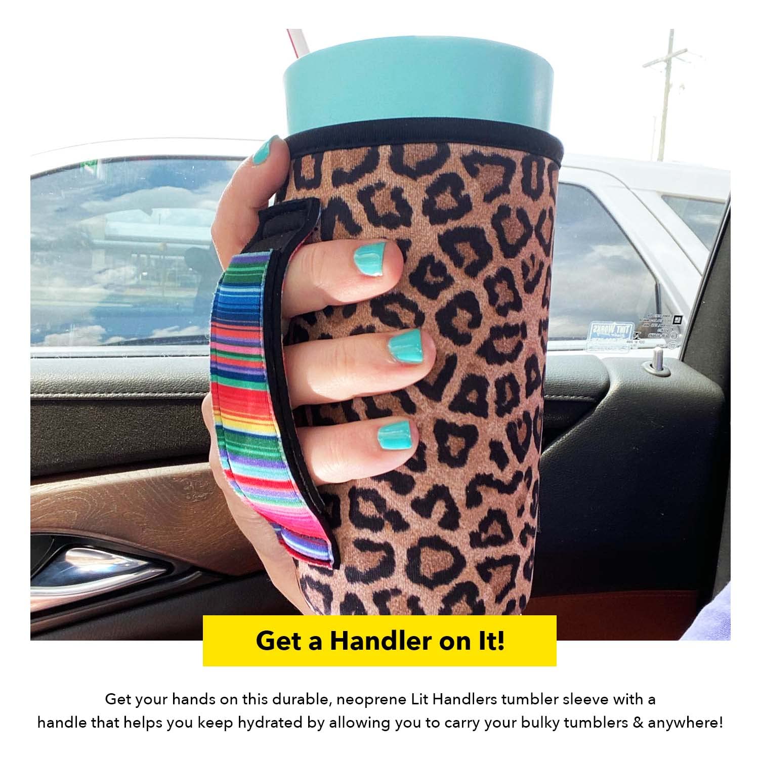 30-38oz Neoprene Tumbler Sleeve with Handle & Pocket - Water Resistant Insulated Drink Cover for Beer, Cans & Ice Shakers - Tie Dye Leopard Print Cup Holder - Perfect for Travel, Gym & Outdoor Activities