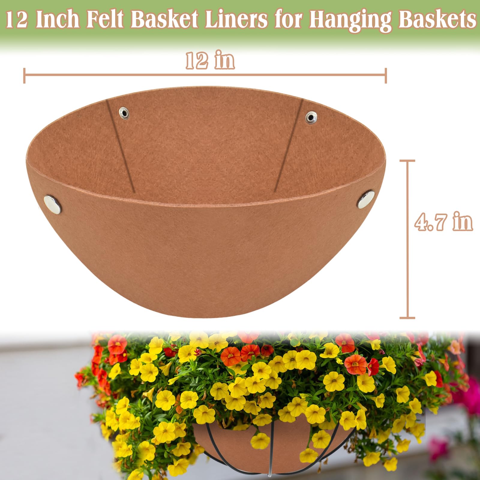 Halatool 2-Pack 12 Inch Round Felt Hanging Basket Liners - Breathable Fabric Planter Basket Liner for Flowers & Plants | Coco Liner Alternative | Bird Nesting Deterrent | Perfect for Indoor/Outdoor Hanging Baskets, Balconies & Garden Decor