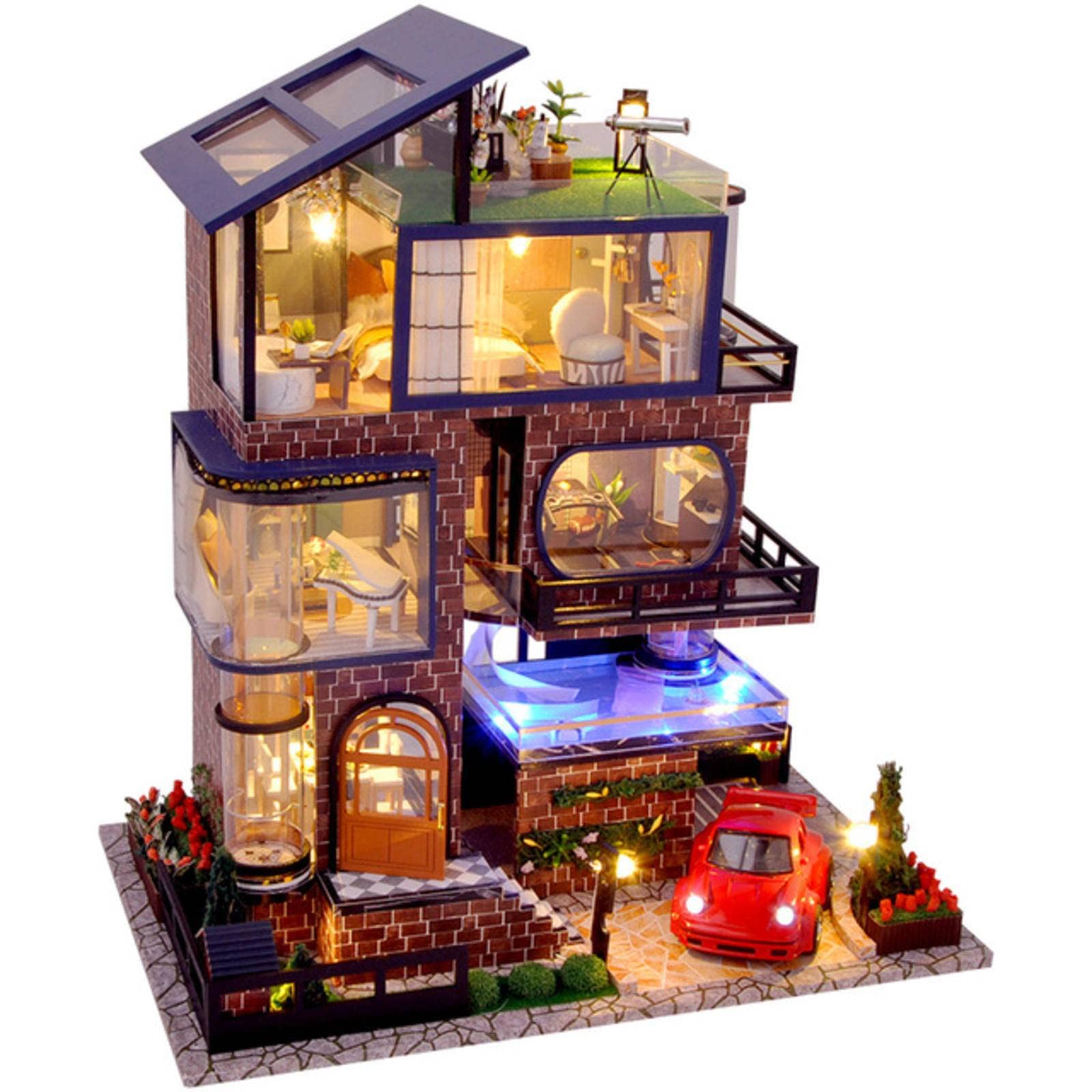 DIY Wooden Dollhouse Manhattan Villa Kit with Miniature Car & Swimming Pool - Assembled Miniature House Toy for Kids & Adults - Perfect for Home Decor, Gift Giving & Creative Playtime
