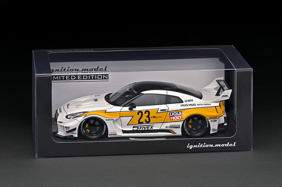 1:18 Scale Nissan 35GT-RR LB Silhouette Works GT Diecast Model Car - White & Yellow Color with Detailed Engine - Perfect for Collectors, Display, and Racing Enthusiasts