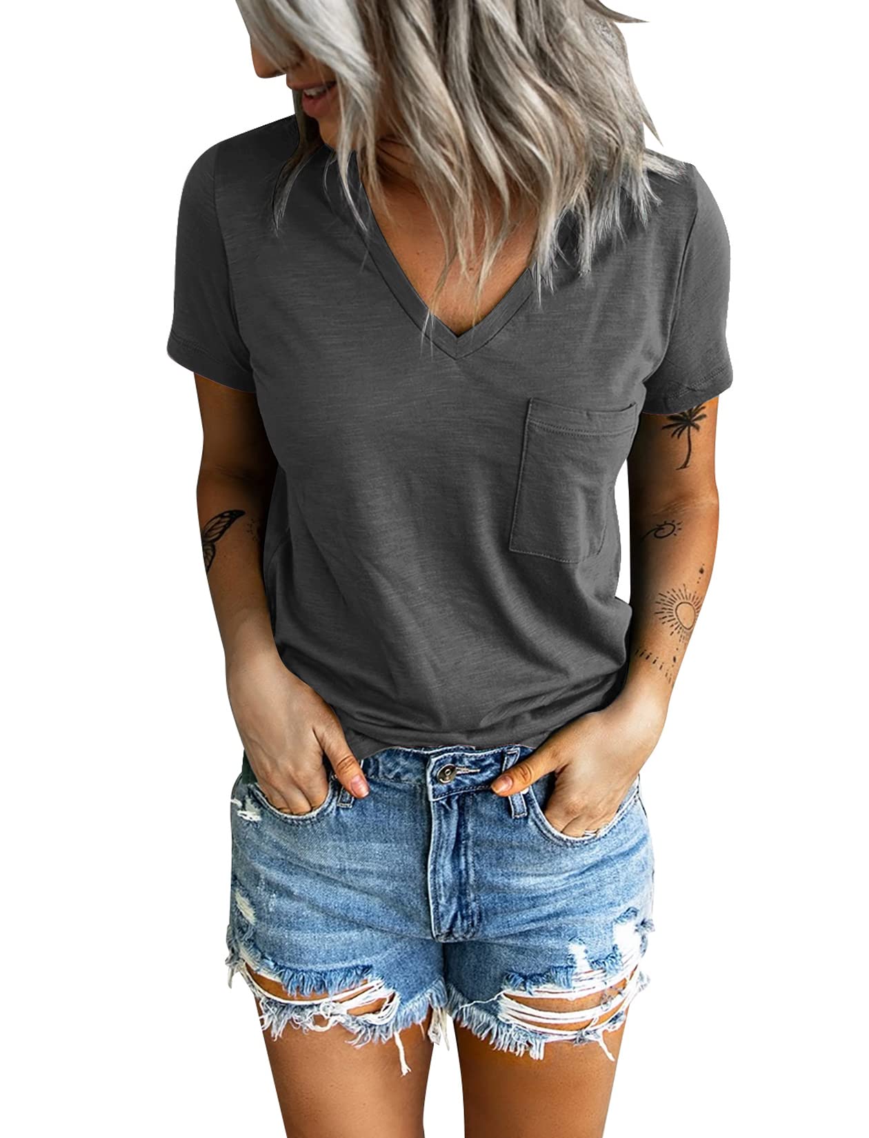 Sunborui Women's Summer Short Sleeve V-Neck T-Shirt with Pocket - Soft Casual Loose Fit Tee for Everyday Wear, Outings & Vacation