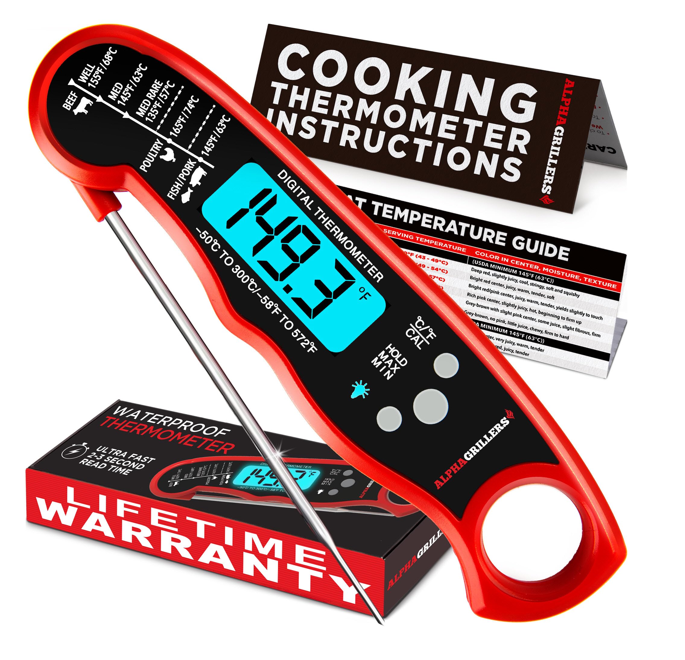 Alpha Grillers Digital Meat Thermometer - Instant Read Food Thermometer for Cooking, Grilling, Air Frying & BBQ | Waterproof Kitchen Thermometer with Backlit Display | Perfect for Steak, Chicken, Turkey & Baking | Great Gift for Men, Dad, Husband on Father's Day, Birthday & Holidays