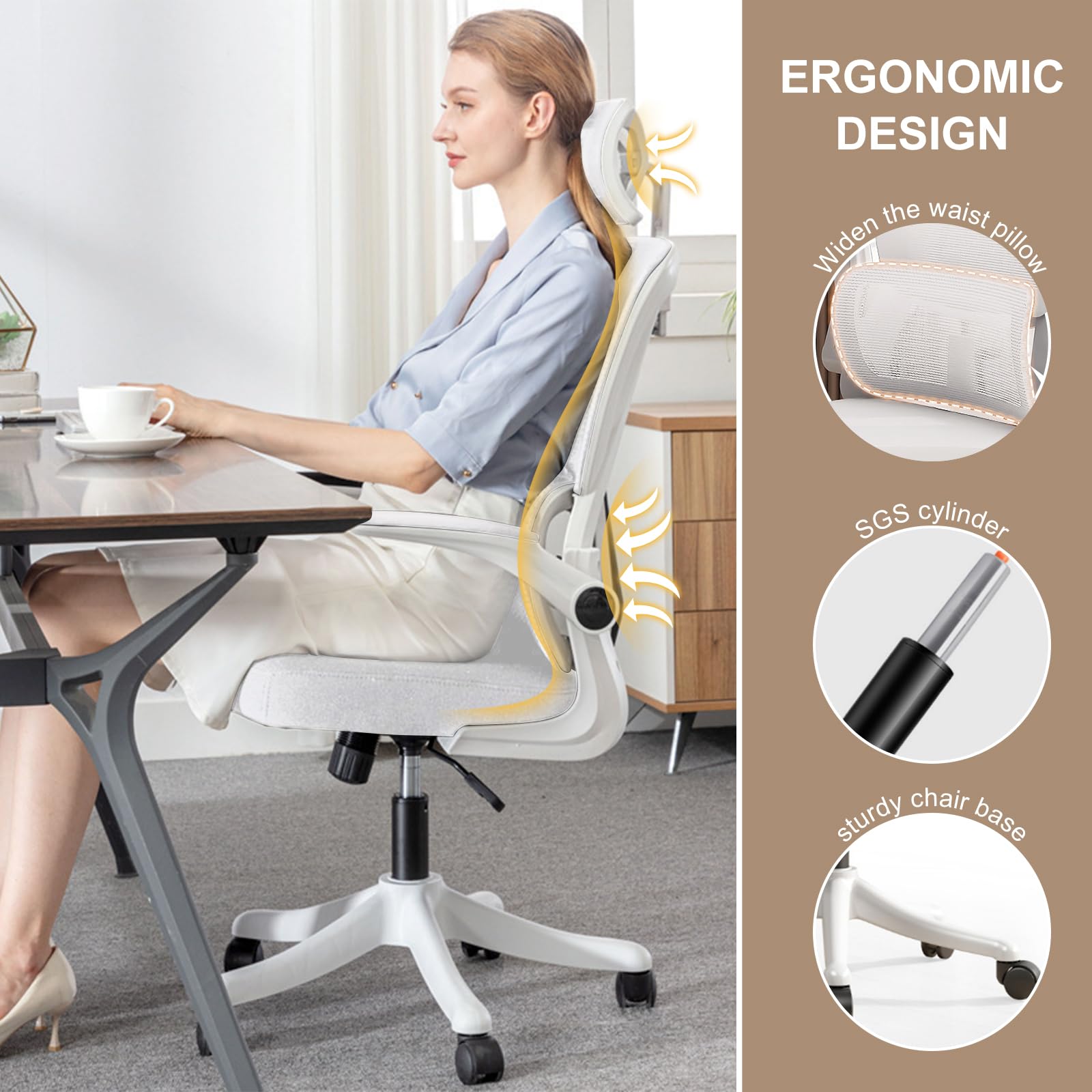 Ergonomic Office Chair with Flip-Up Armrests & Lumbar Support - High Back Mesh Computer Desk Chair, Adjustable Headrest Swivel Task Chair for Gaming & Work - Perfect for Home Office, Gaming Setup & Workspaces