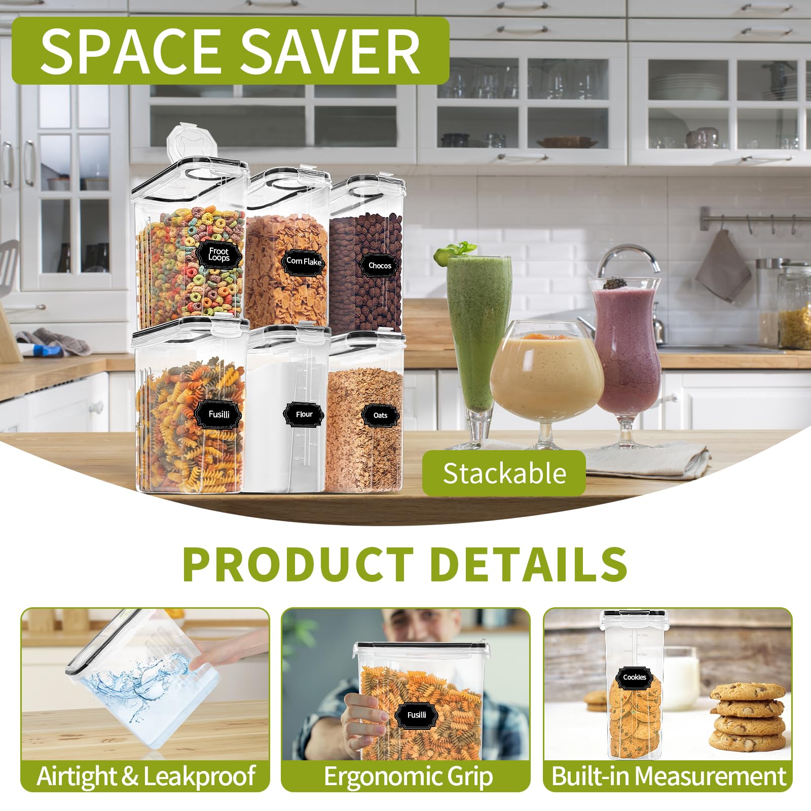 Skroam 6-Piece Airtight Food Storage Containers Set (4L/135.2 oz) - Plastic Cereal Dispensers with Lids for Kitchen & Pantry Organization - Includes Measuring Cup & 20 Labels - Perfect for Cereal, Flour, Sugar, Rice & Dry Food Storage