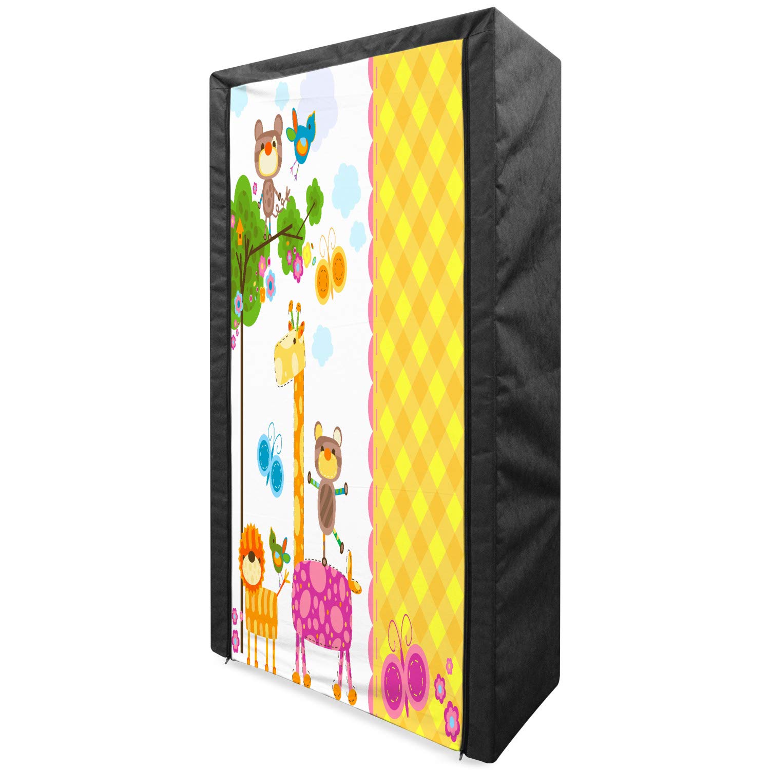 Ambesonne Portable Fabric Wardrobe with Cartoon Butterflies, Trees & Checkered Pattern - 33.5