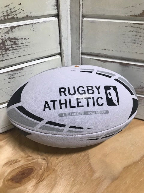 Premium Size 5 Rugby Ball - White with Black & Grey Stripes - Official Match & Training Ball for Rugby, Football, Sports Enthusiasts