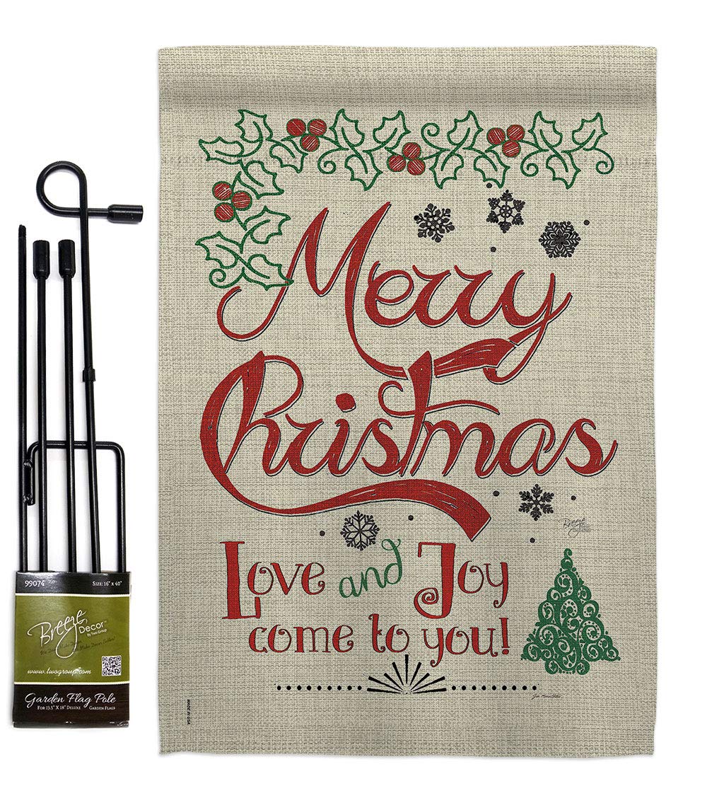 Christmas Linen Garden Flag Set with Stand - Santa & Reindeer Decor for Winter Yard