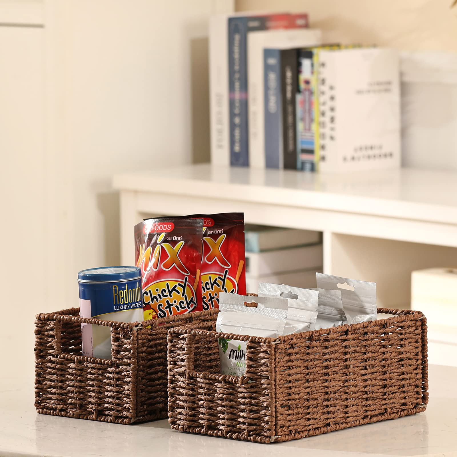 Vagusicc Set of 2 Hand-Woven Wicker Storage Baskets - Foldable Paper Rope Organizer Bins for Shelves, Toilet Paper Storage & Home Organization (Brown) - Perfect for Bathroom, Bedroom & Closet Storage Solutions