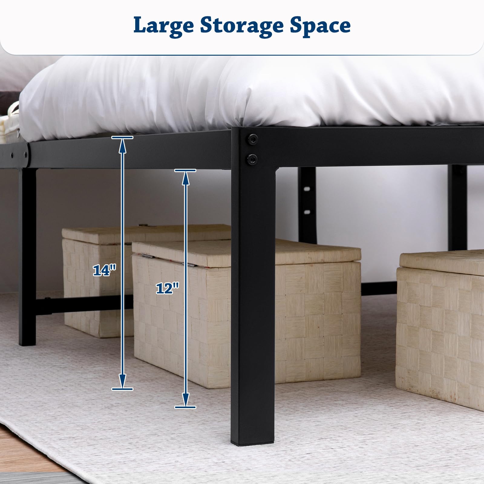 14 Inch Queen Size Bed Frame with Storage - Heavy Duty Metal Platform Bedframe, No Box Spring Needed, Steel Slat Anti-Slip Support, Easy Quick Lock Assembly (Black) - Perfect for Small Bedrooms, Guest Rooms & Apartments