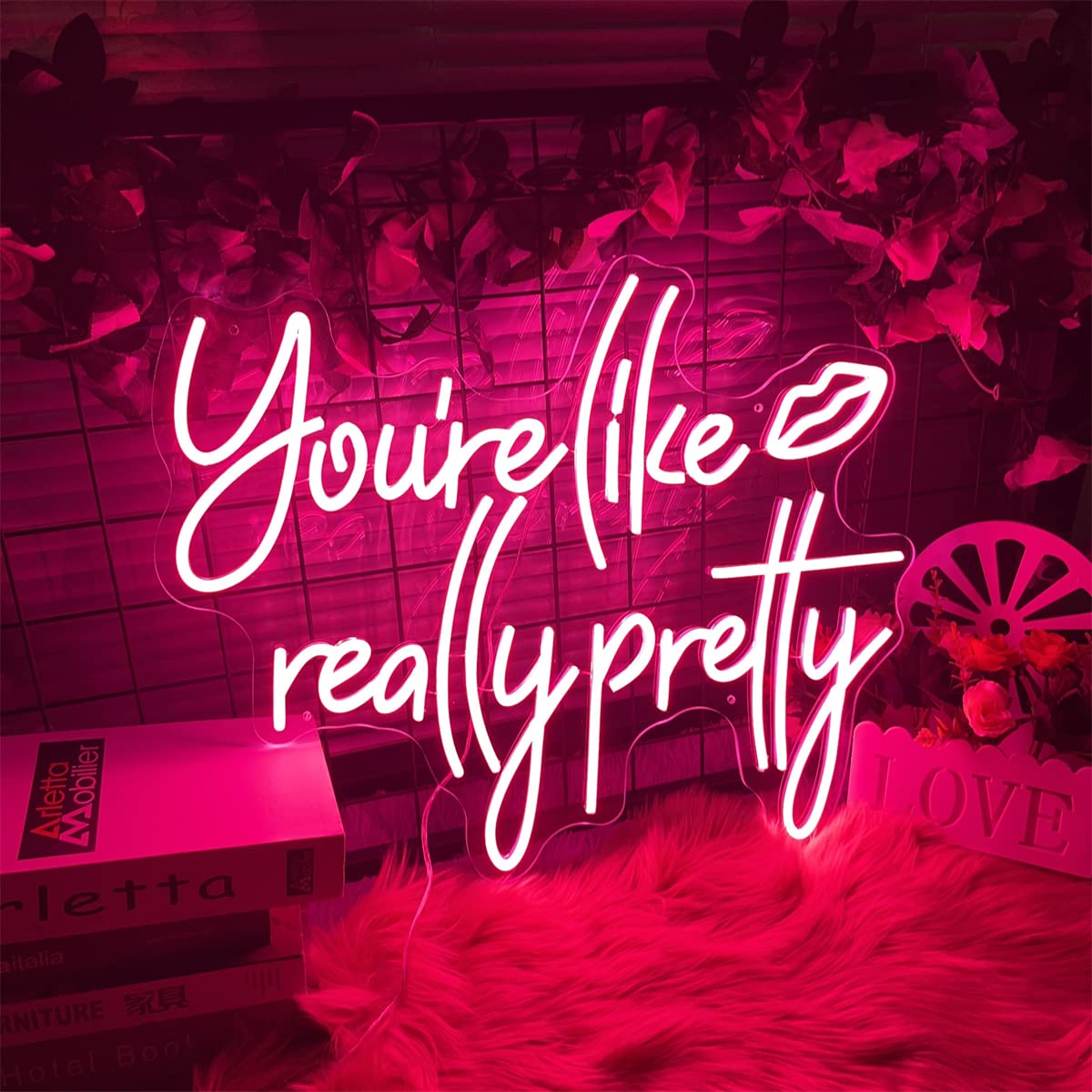 Large Pink LED Neon Sign - 'You're Like Really Pretty' Wall Decor for Girls Bedroom, Wedding, Beauty Bar & Club (23.6x19