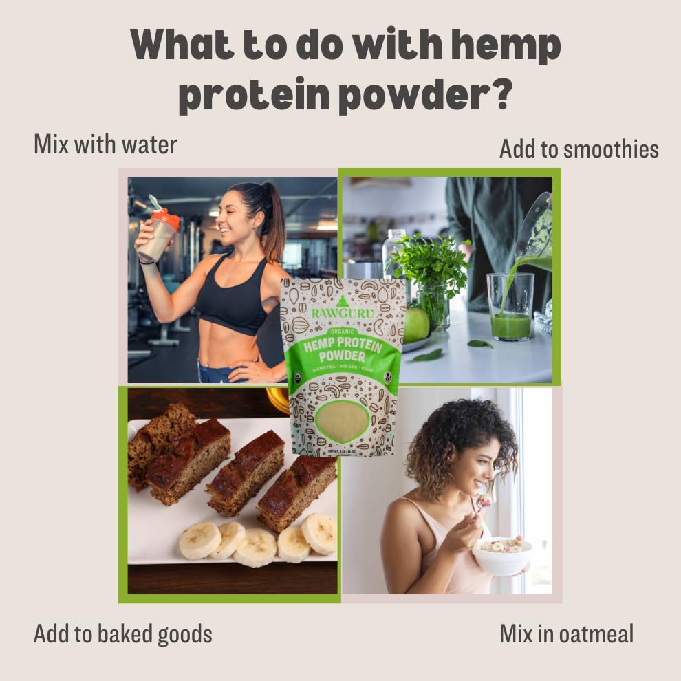 Organic Hemp Protein Powder 16oz by RawGuru - USDA Certified, Gluten-Free, Non-GMO, Vegan & Kosher Plant-Based Protein with Essential Amino Acids | Perfect for Smoothies, Baking & Post-Workout Recovery