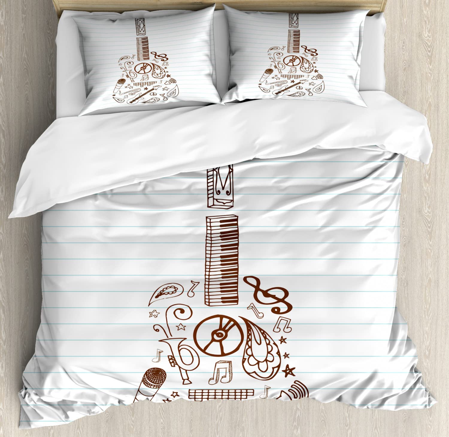 Ambesonne Music Themed Duvet Cover Set - Microphone, Tambourine, Trumpet & Volume Symbol Print, 2-Pack King Size Bedding with 4 Pillowcases, White Chocolate | Perfect for Musicians, Music Lovers & Teen Bedrooms