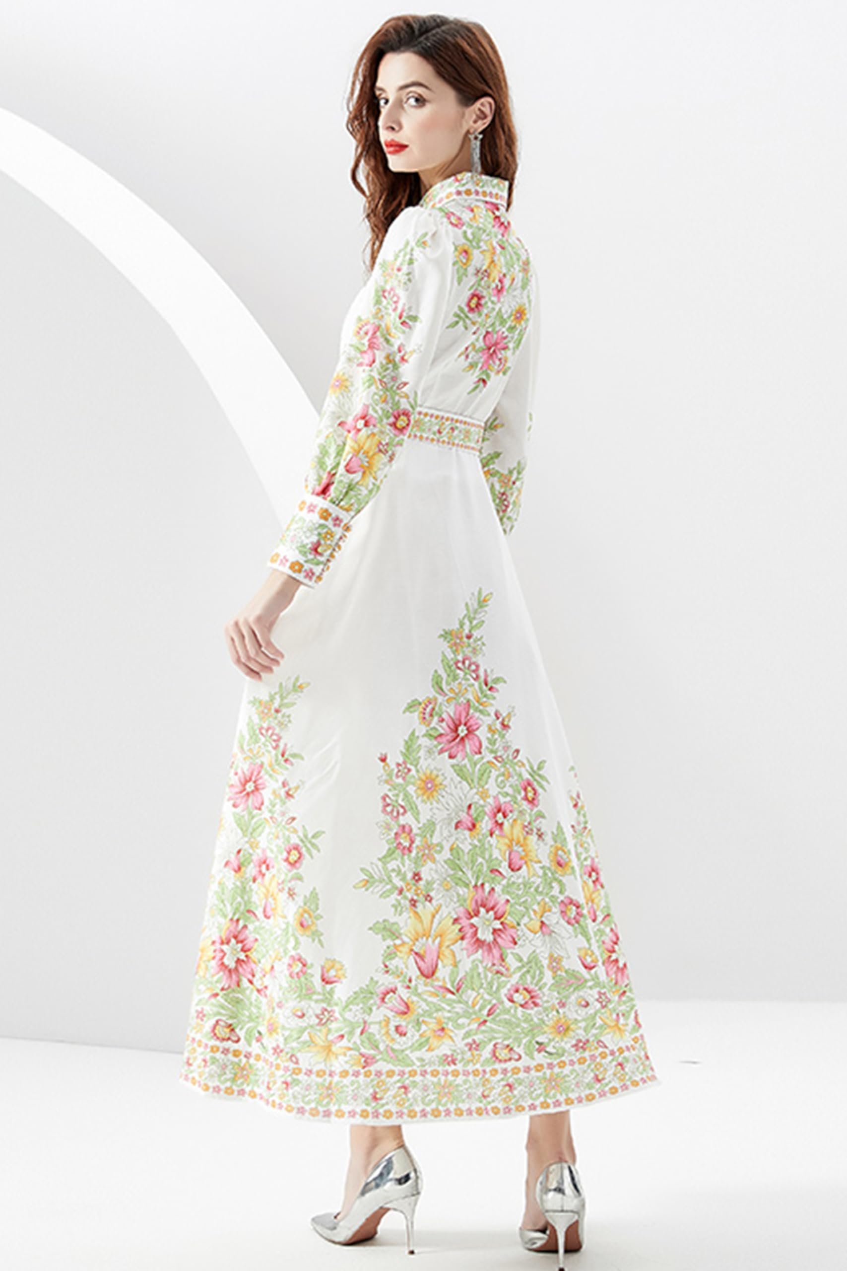 Women's Floral Print Maxi Dress with Belt - Flowy Casual Button Up Long Dress with Side Split for Summer, Beach, and Vacation Wear
