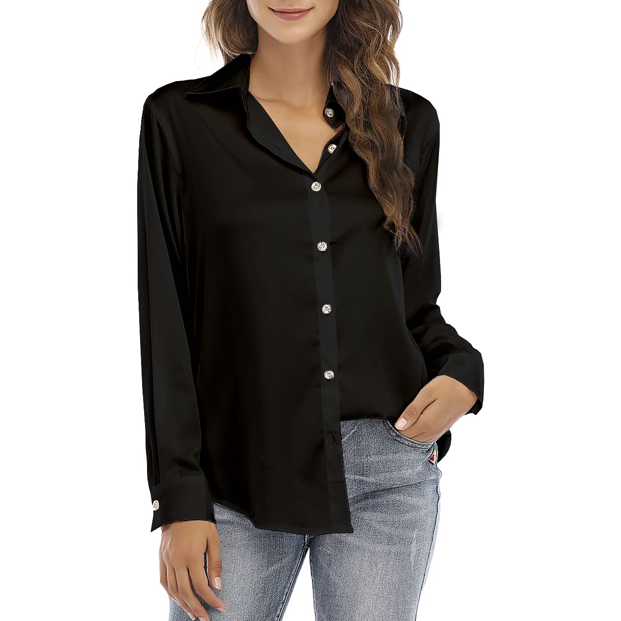 Women's Satin Silk Button Down Blouse - Long Sleeve Loose Fit Casual & Business Tops for Office, Date Night & Everyday Wear