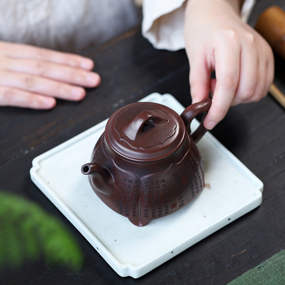 Handcrafted Purple Clay Lotus Heart Sutra Teapot - Authentic Yixing Zisha Teapot for Gongfu Tea Ceremony | Perfect for Meditation, Zen Tea Sessions & Chinese Tea Culture Enthusiasts