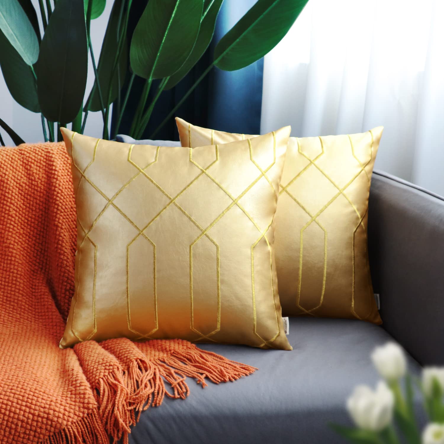 BRAWARM 20x20 Inch Faux Leather Pillow Covers Set of 2 - Gold Geometric Embroidery Decorative Throw Pillows for Living Room, Couch, Bed, Sofa | Perfect for Home Decor, Accent Pillows & Gift Giving