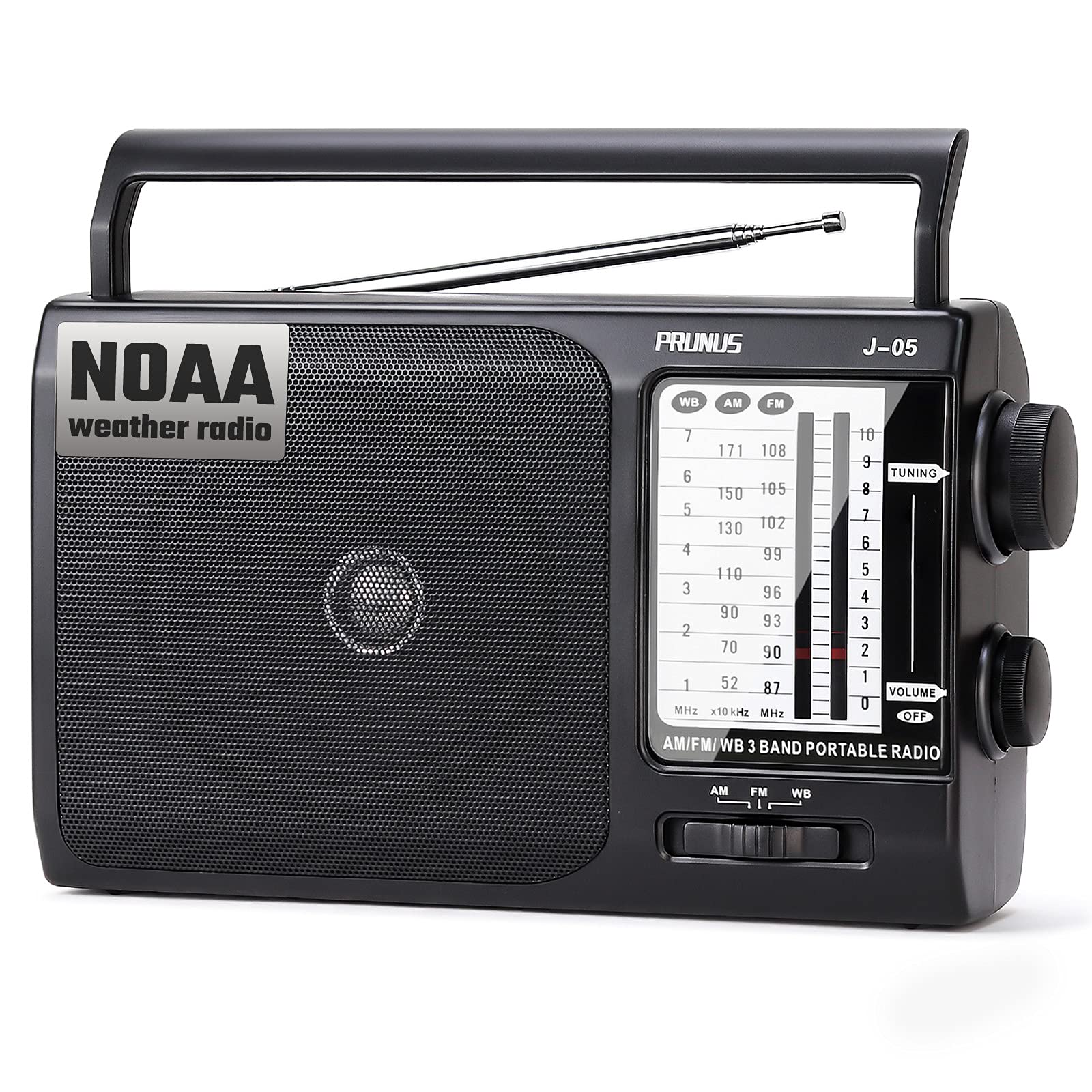 NOAA Weather AM FM Portable Radio with Best Reception - Battery or AC Powered Transistor Radio for Home, Emergency, Camping & Outdoor Use - Includes 3X D Cell Batteries & Wall Plug by PRUNUS