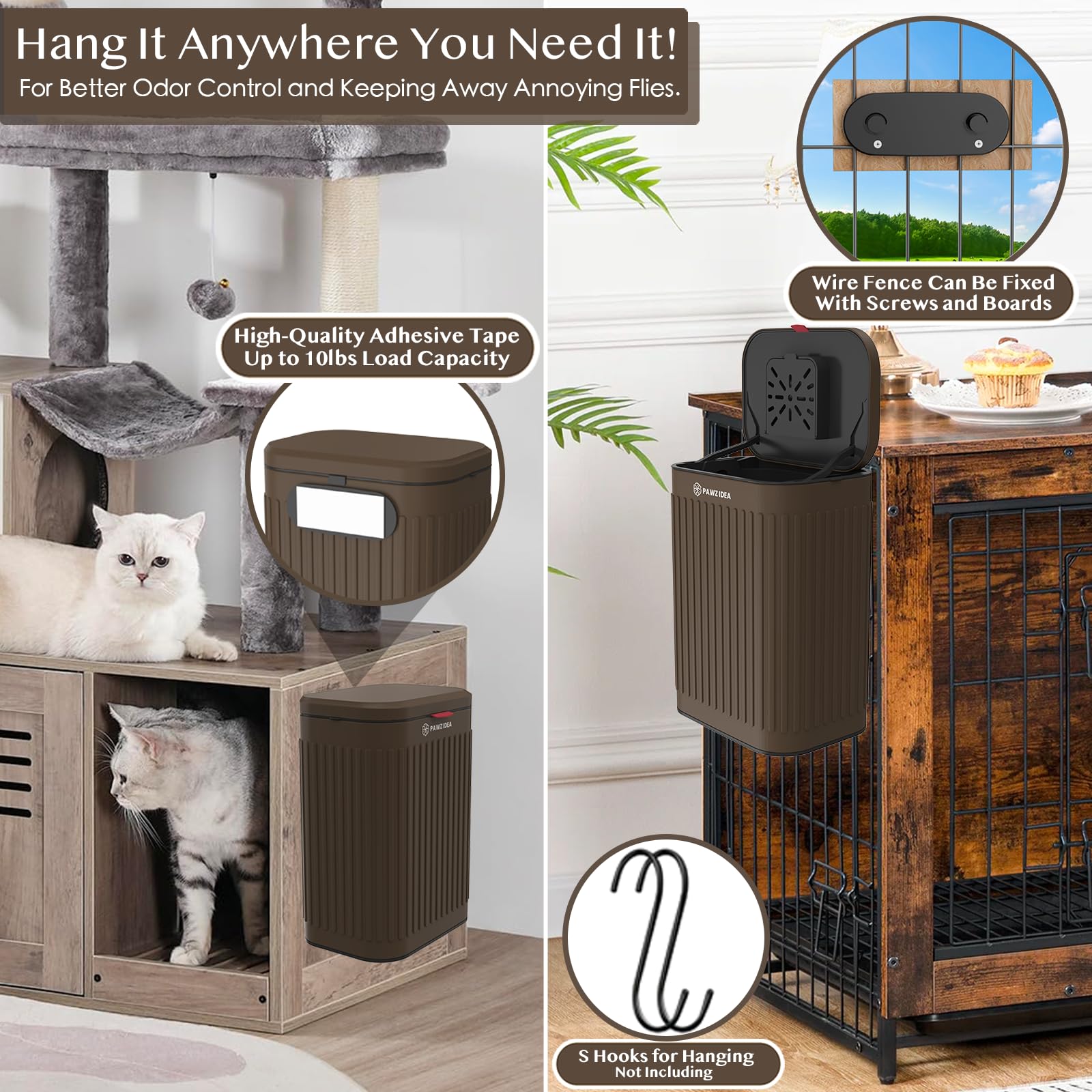 PAWZIDEA 2.1 Gallon Wall Mount Dog Waste Bin with Lid - Odor Control Activated Carbon, Waterproof Metal Pet Poop Disposal Can for Outdoor Fence - Perfect for Backyard, Garden & Dog Park Cleanup