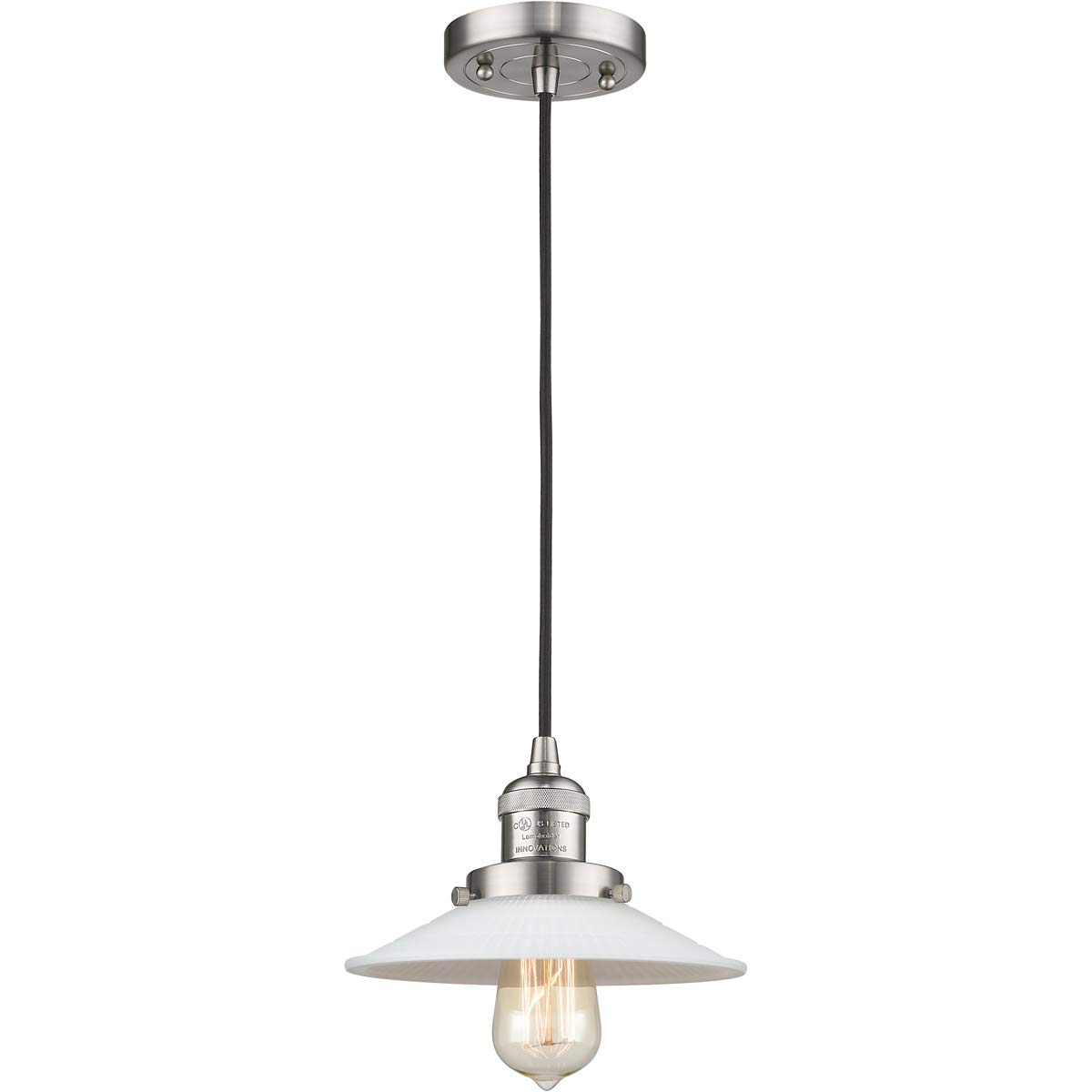 Brushed Satin Nickel Mini Pendant Light Fixture - 9 Inch Wide White Glass Shade with Steel/Cast Brass Medium Base - Perfect for Kitchen Island, Dining Room, and Entryway Lighting