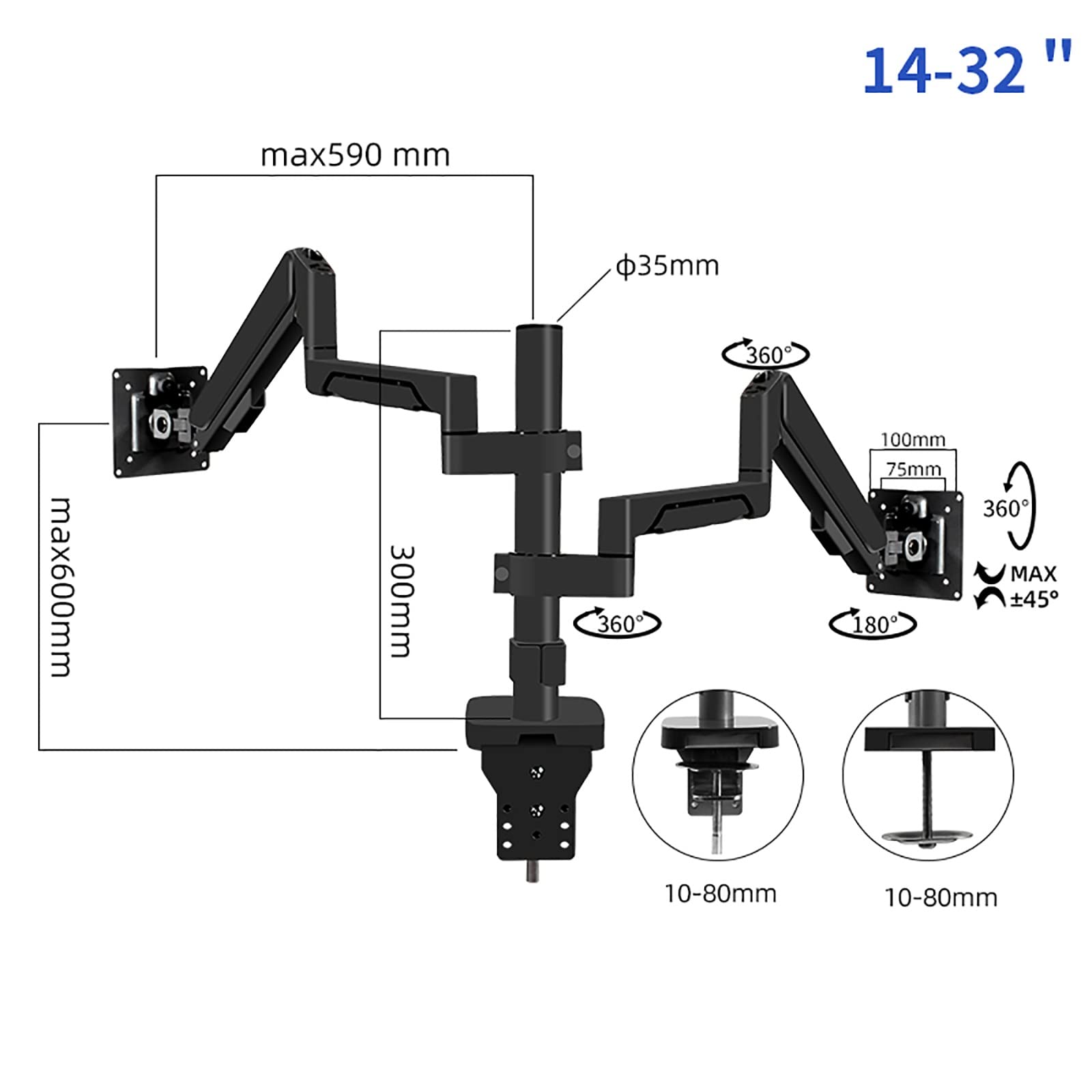 Universal TV Stand & Dual Monitor Mount - Ergonomic Gas Spring Articulating Arm for 14-32 Inch LED Computer Monitors with Clamp/Perforated Mounting Base - Perfect for Home Office, Gaming Setup & Workspace Organization