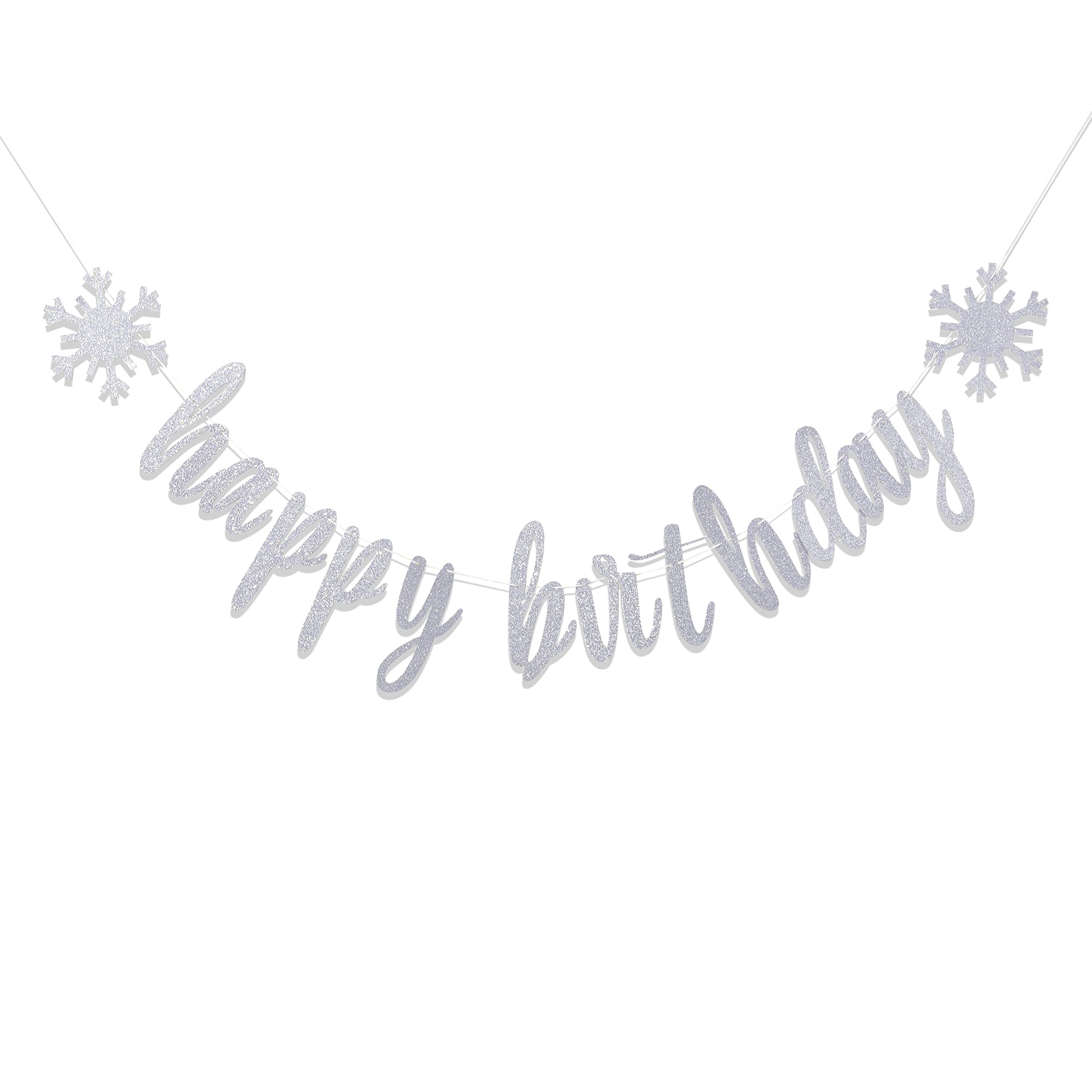 Silver Happy Birthday Banner - Snowflake Birthday Party Decoration, Glitter Bunting for Winter Wonderland Theme, Snowflake Garland for Birthday & Holiday Celebrations | Perfect for Winter Parties, Christmas Decor, and New Year Events