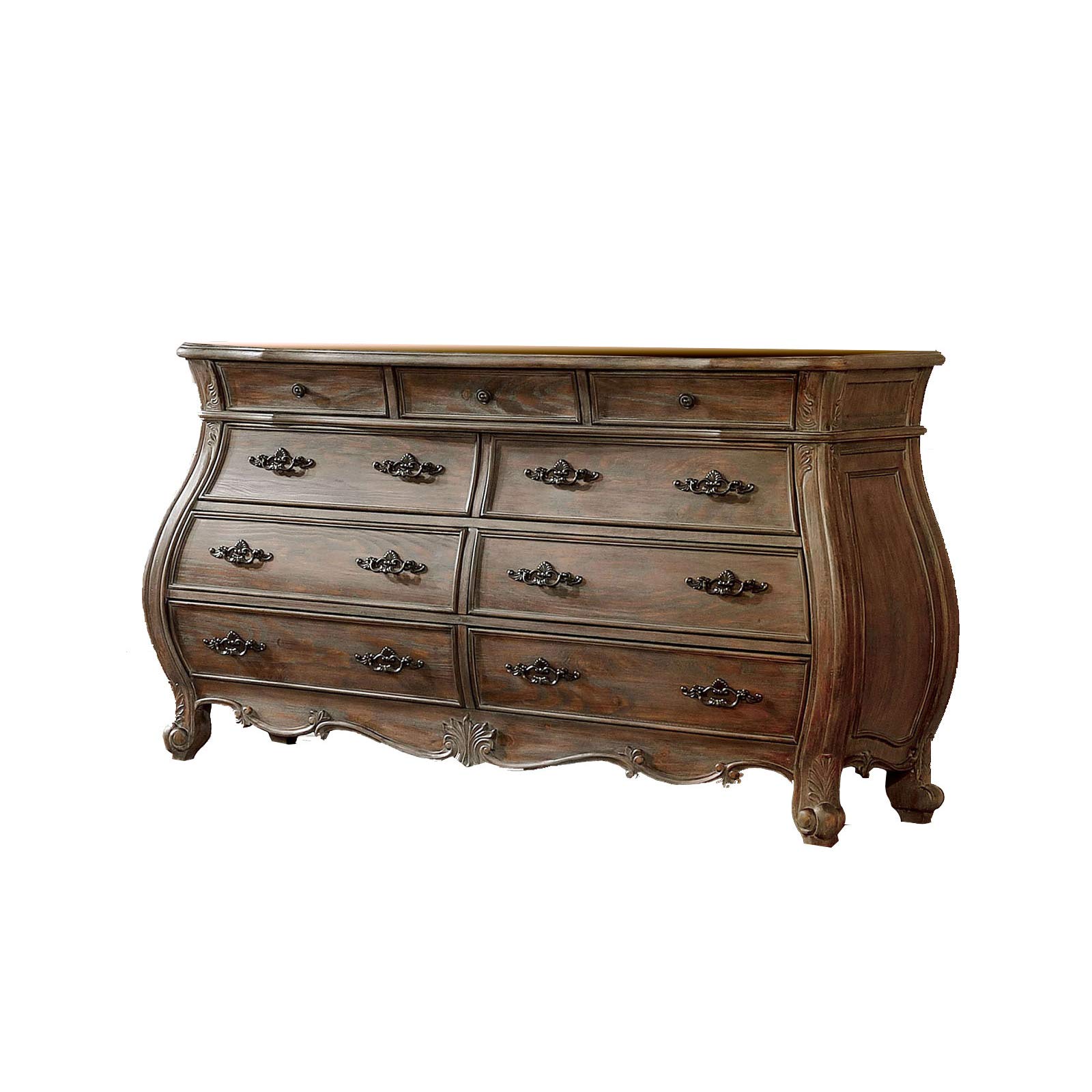 Benjara Brown Traditional Nine-Drawer Wooden Dresser with Intricate Carvings - Solid Wood Bedroom Storage Furniture for Master Bedroom, Guest Room & Nursery Organization