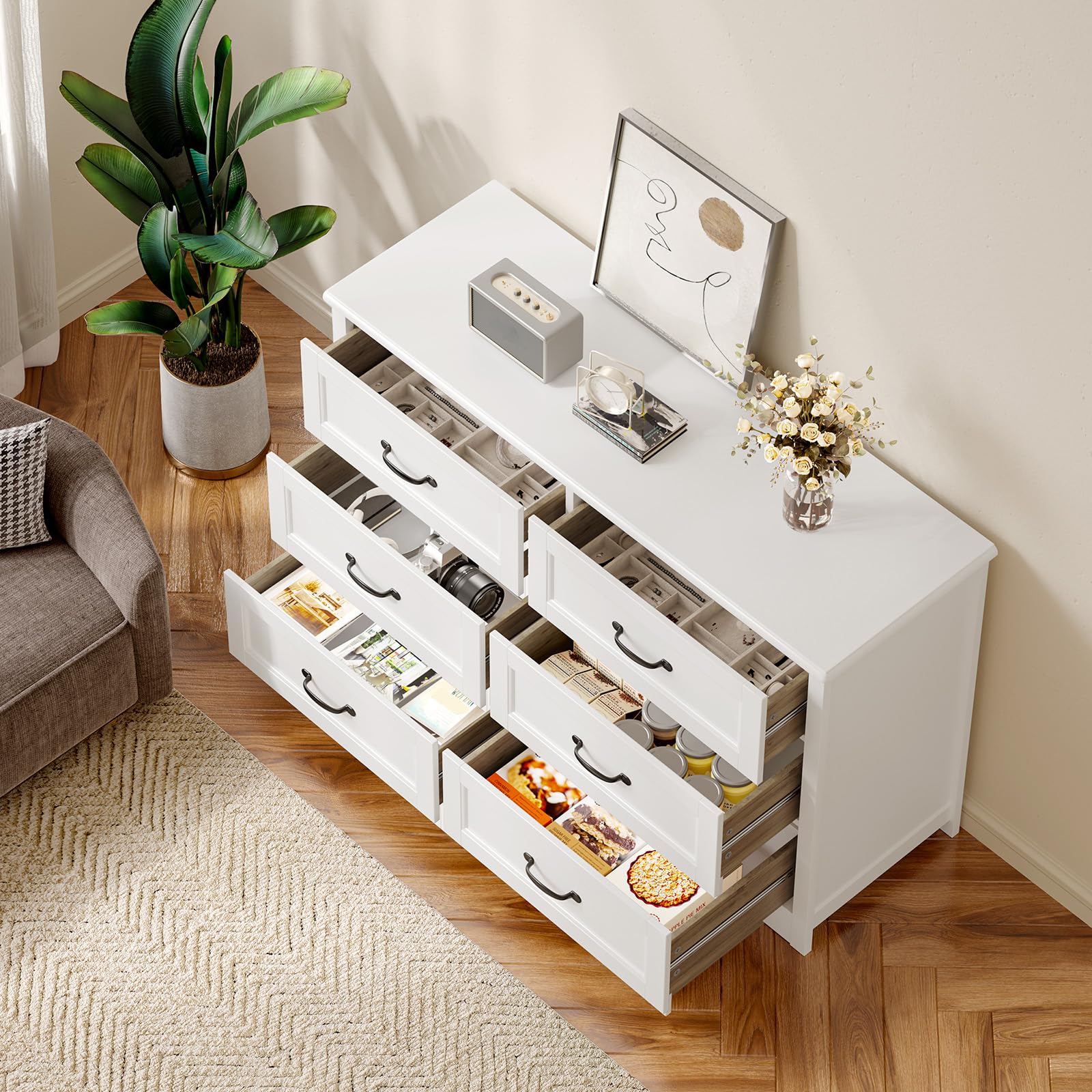 Gizoon 6-Drawer Dresser - White Storage Chest for Bedroom & Living Room