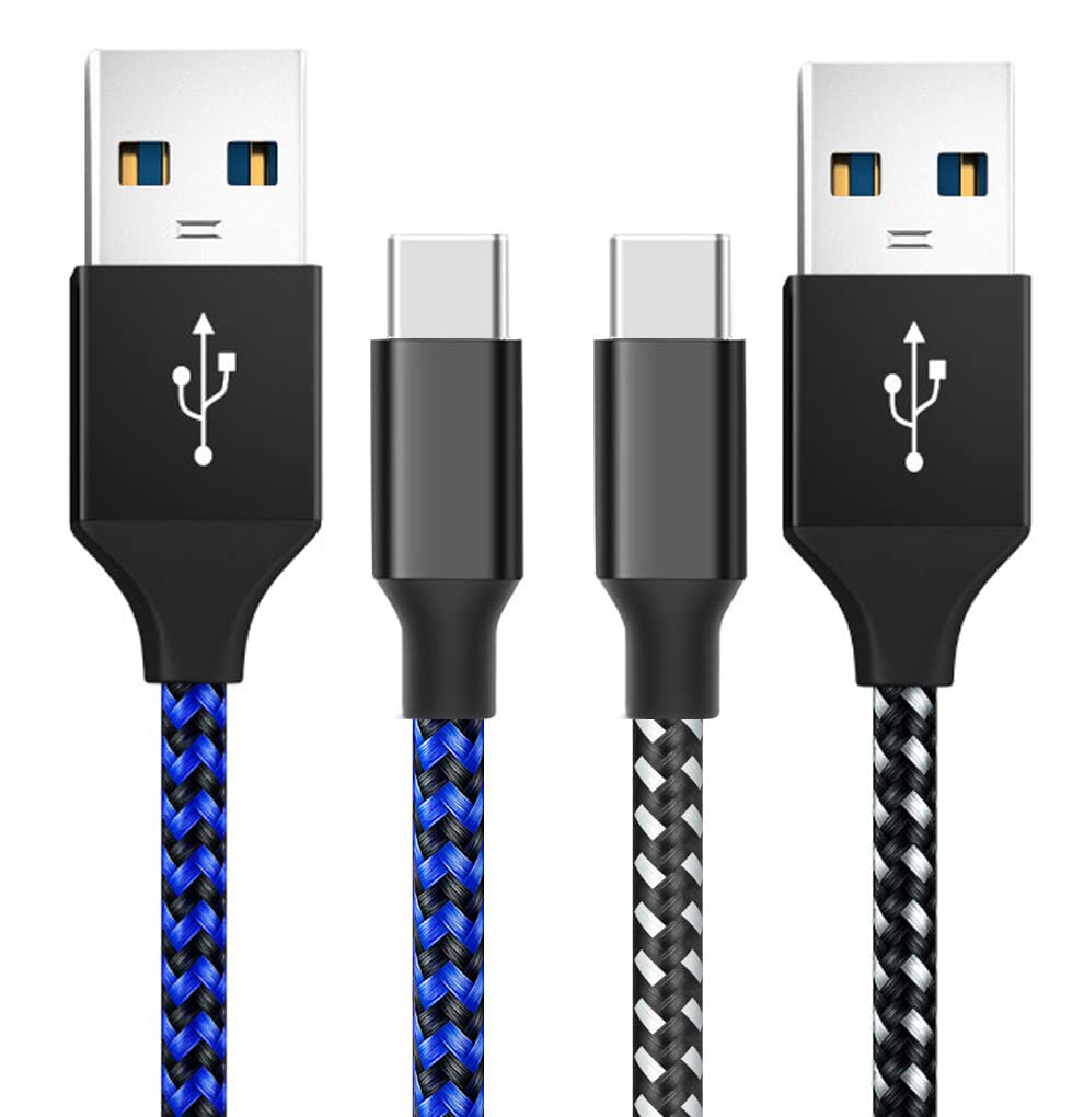2-Pack 10FT Nylon Braided USB-C Charger Cable - Fast Charging Cord Compatible with Samsung Galaxy S10/S9/S8/S20 Plus/A51/A12/A11, Note 10/9/8, PS5 Controller, Xbox Series X/S Controller (Blue & White) | Durable Charging for Gaming, Travel & Home Use