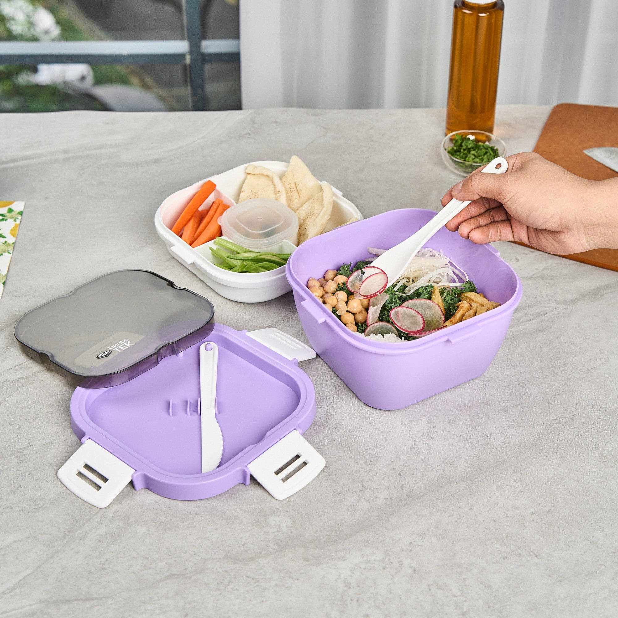 Bento Tek 58 oz Purple & White BPA-Free Lunch Box - Microwave Safe, Includes Fork & Knife (7.25