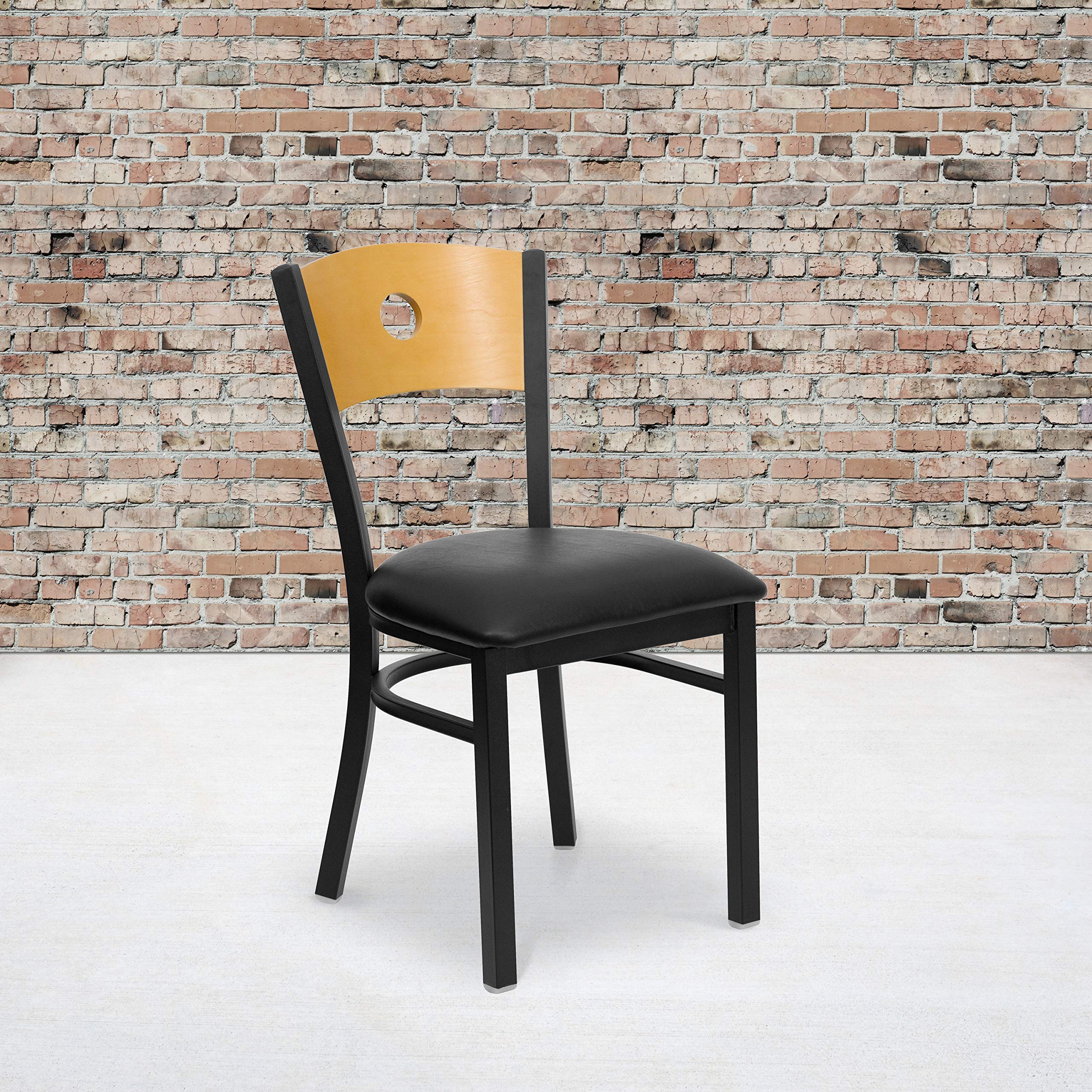 EMMA & OLIVER Black Metal Dining Chair with Natural Wood Back - Modern Circle Back Design for Kitchen, Dining Room, and Office Use