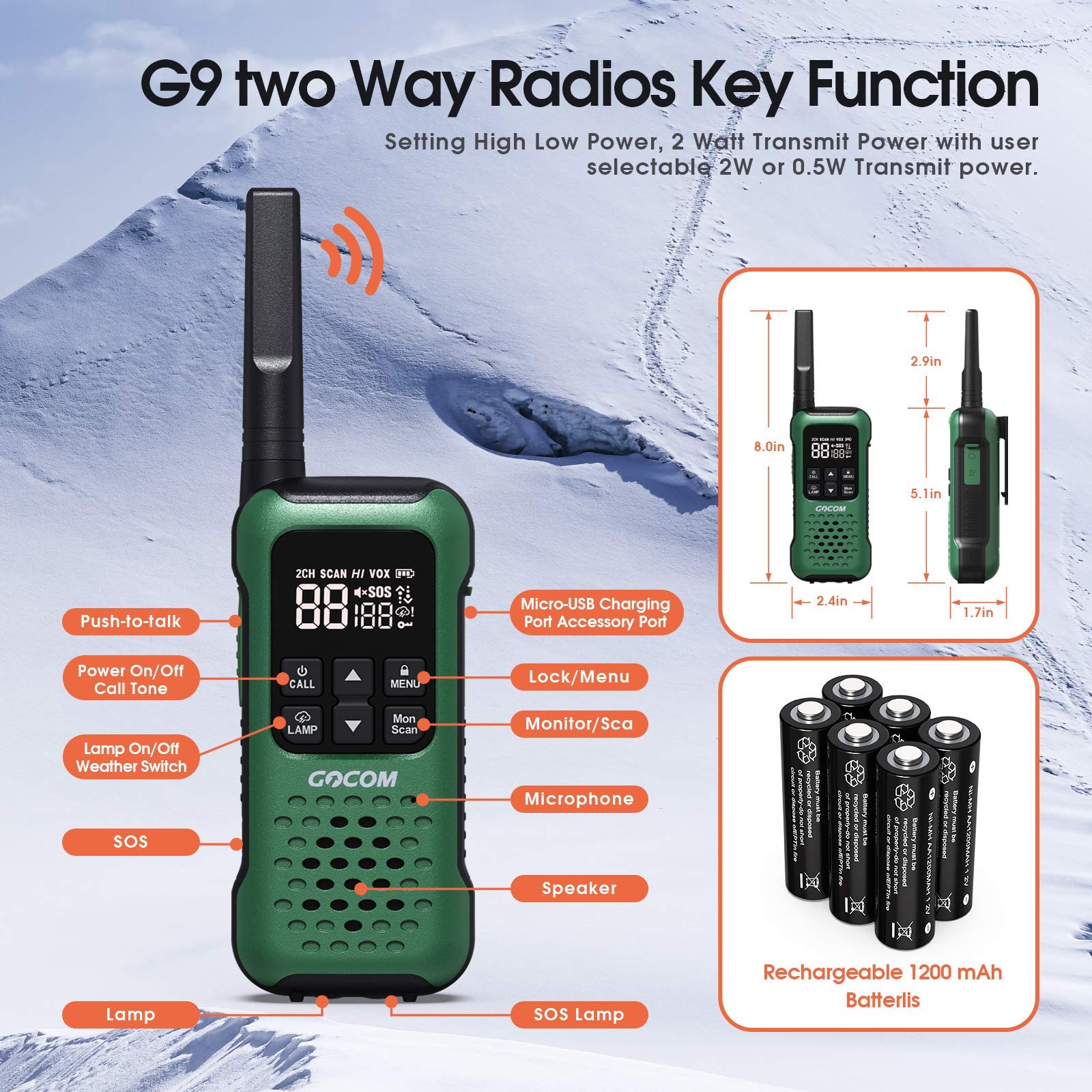 G9 IP67 Waterproof Two-Way Radios - 6 Pack, Long Range Rechargeable Walkie Talkies with NOAA Weather Alert & SOS Emergency Light for Outdoor Adventures, Hiking, Camping, and Emergency Preparedness