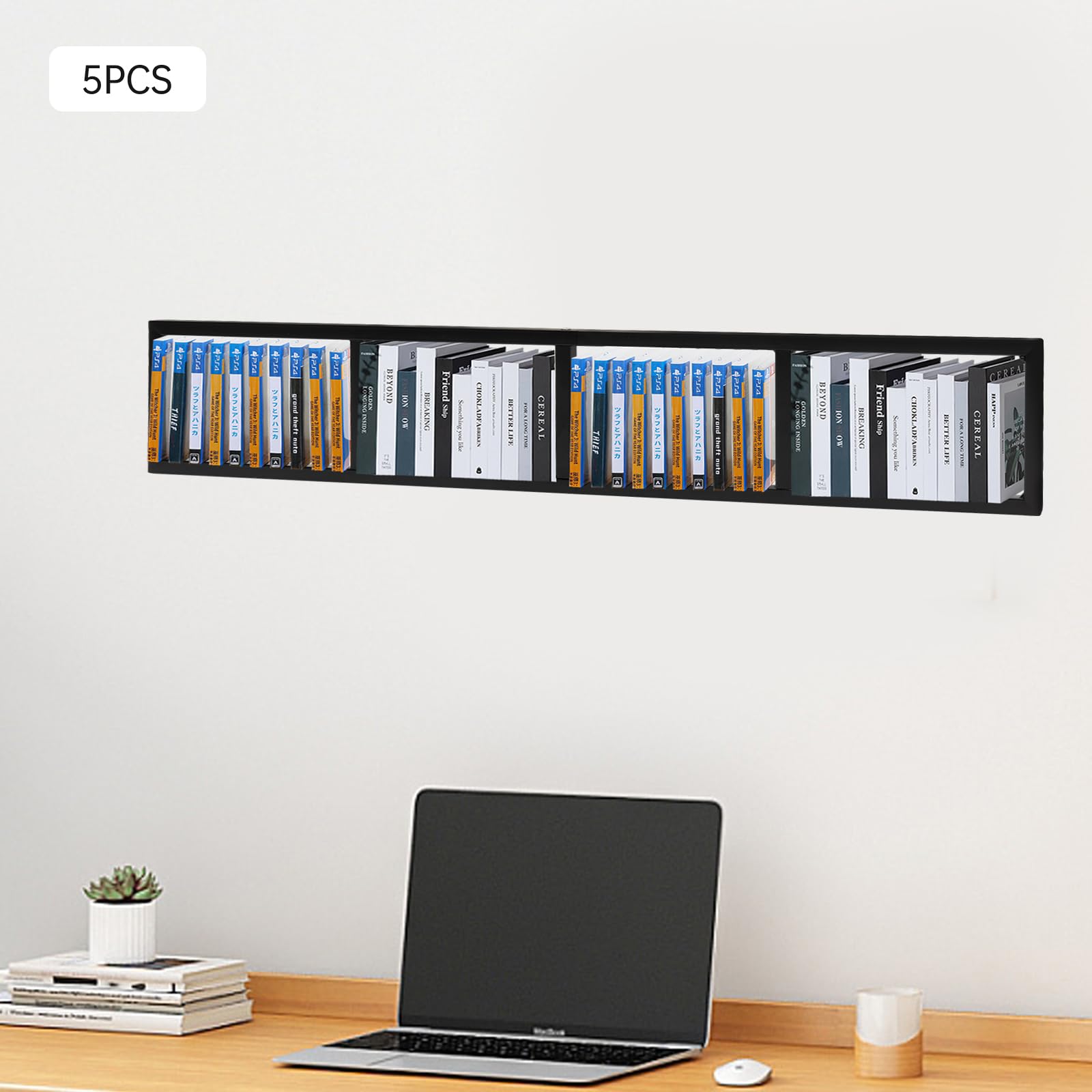 5-Piece 34-Inch Wall Mounted Media Storage Rack - Black Metal Floating Shelves for CD/DVD/Video Game Organization | Perfect for Living Room, Bedroom & Home Theater Display